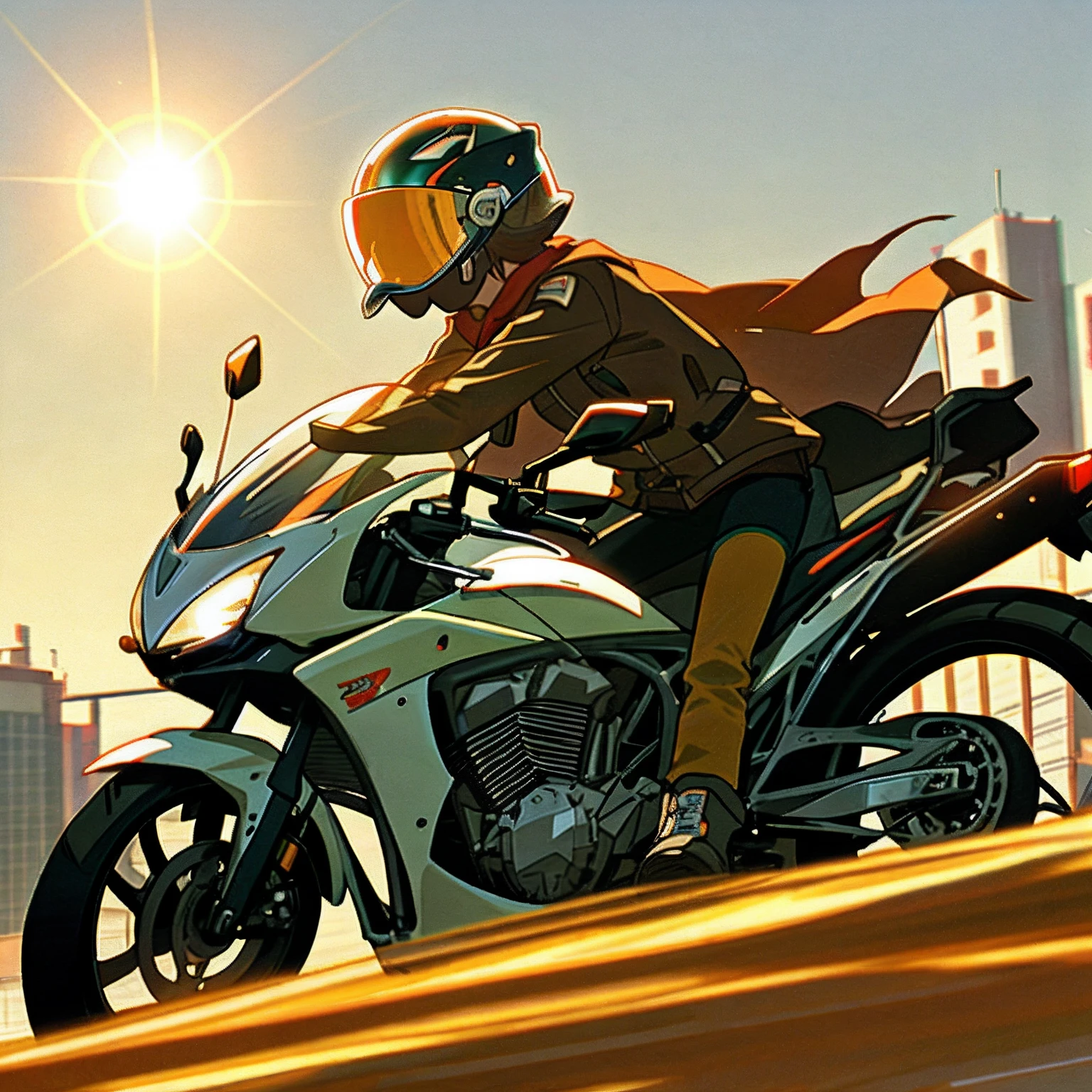 Motorcycle girl,Gran Via,Wear a helmet without showing your face,Handsome,and the sun was shining brightly