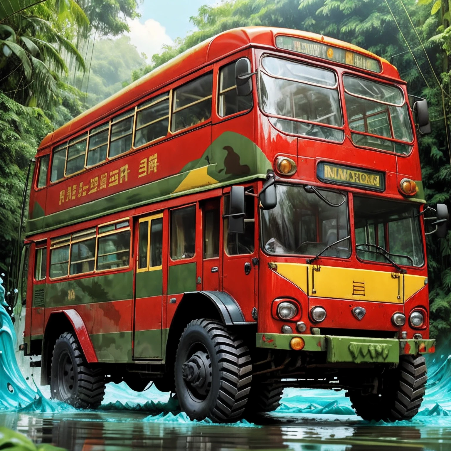 (chariot:1.1), (trolleybus:1.08), (Painted bright red:1.05), Vehicle focus, no man, debris, camouflage, slime, splashing, jungle, dirty