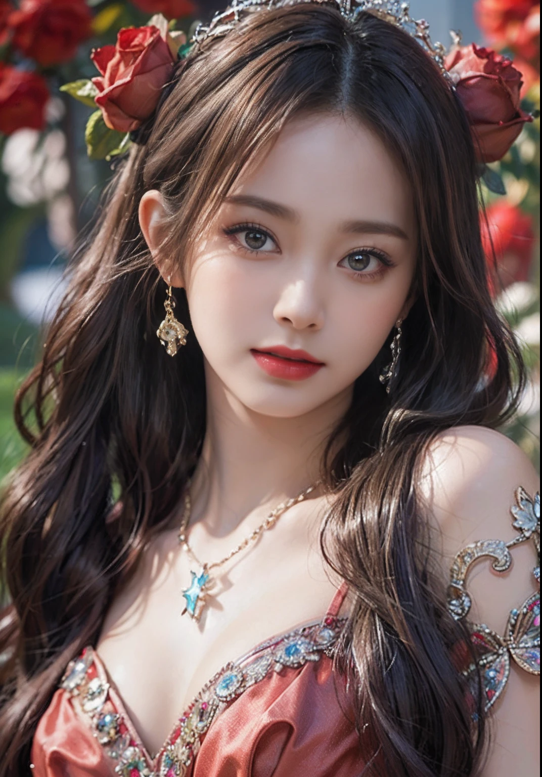 （(独奏)）,Official art,Face Focus,（(a small face:1.5)）,Looking at Viewer,（(Costumes in Greek mythology)）,18year old,One Beautiful Girl, Swarovski Red Silk Dress, Iridescent long ponytail,Curling hair on the head,Mesh Hair Color, （(bangss:1.8)）,Swarovski crown, ear jewelry, Gorgeous and rich necklace, Dark purple eyes, Detailed makeup, Red Lip,（(A smile:0.8)）, closes mouth, eye line,eyeshadows,blusher, （cleavage of the breast:1.37）, a large bust, Slim waist, Greek Art Textures, Colorful and realistic colors, RAW Photos, Realistic Photos, ultra-quality,8k wallpaper,extreme light and shadows, (Fantasy Light:1.37), （Zentangle:1.37）, Perfect Anatomy,ultradetailed eyes,A detailed face,Detailed limbs , （(Rose background)）,Upper body photo、Angle photo:1.2,Red Theme