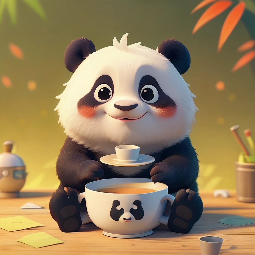 high high quality，high qulity，Baby panda，cartoonish style，Furry animals，sleepy-eyed，Lovely。Panda drinking tea，A panda lying on its stomach