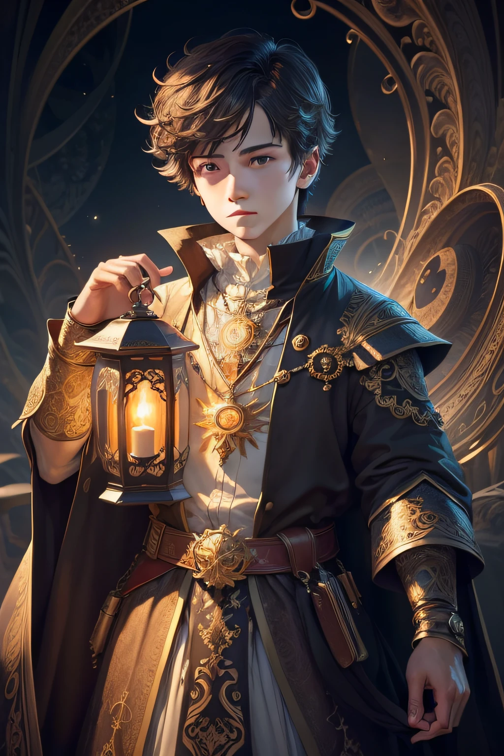 (masterpiece, top quality, best quality, official art, beautiful and aesthetic:1.2), (1boy), extreme detailed,(fractal art:1.3),colorful,highest detailed, holding lantern, prince