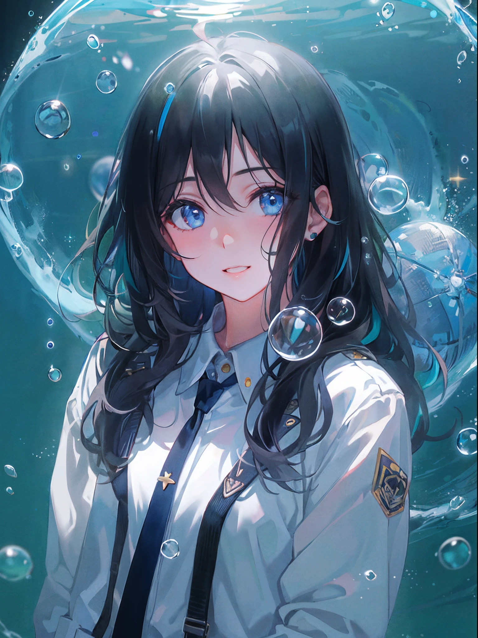 ((top-quality)), ((​masterpiece)), ((ultra-detailliert)), (extremely delicate and beautiful), girl with, 独奏, cold attitude,((Black jacket)),She is very(relax)with  the(Settled down)Looks,A dark-haired, depth of fields,evil smile,Bubble, under the water, Air bubble,bright light blue eyes,Inner color with black hair and light blue tips,Cold background,Bob Hair - Linear Art, shortpants、knee high socks、White uniform like school uniform、Light blue ribbon ties、Clothes are sheer、Hands in pockets