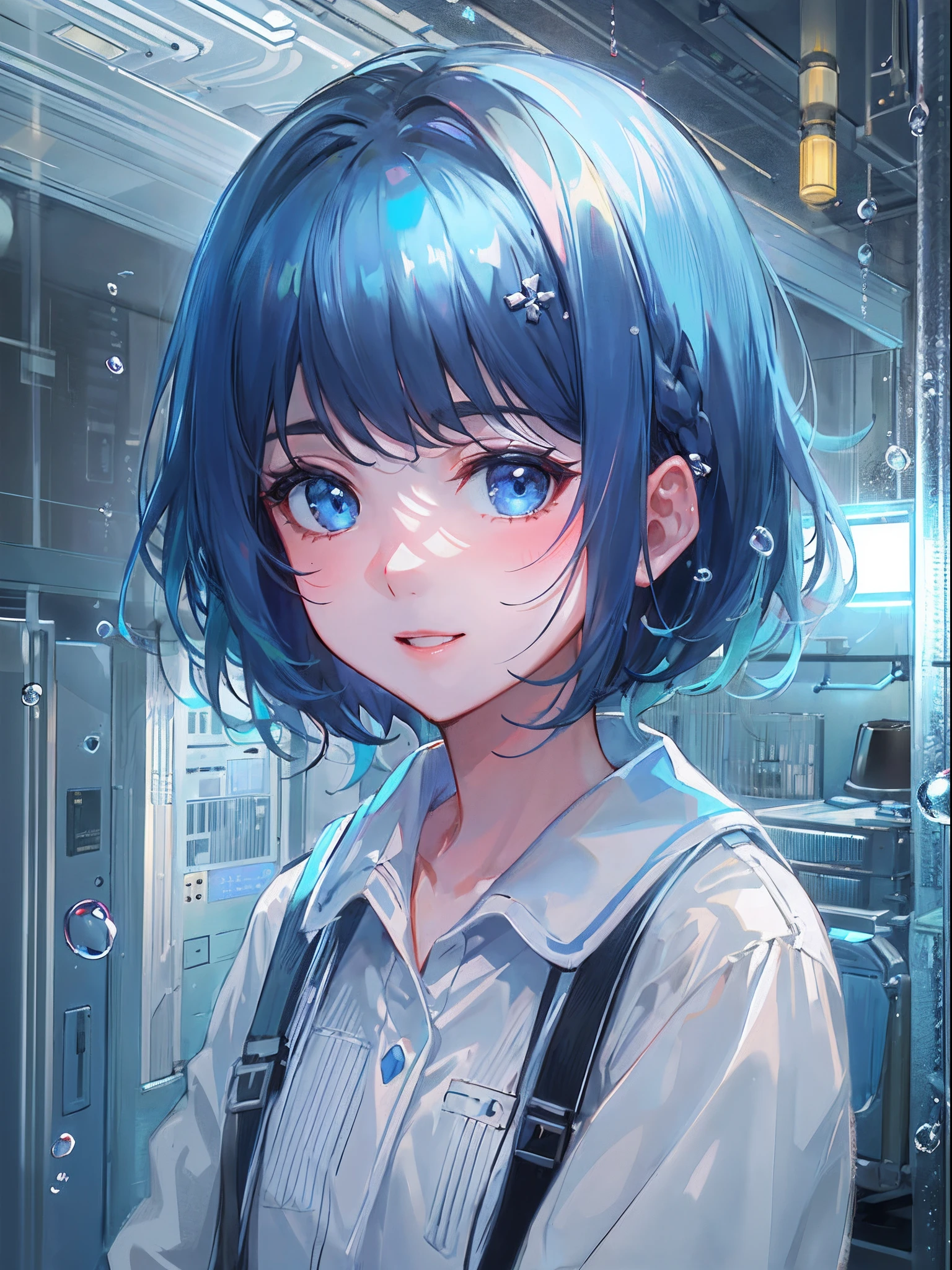 ((top-quality)), ((masterpiece)), ((ultra-detailliert)), (extremely delicate and beautiful), girl with, 独奏, cold attitude,((Black jacket)),She is very(relax)with the(Settled down)Looks,A dark-haired, depth of fields,evil smile,Bubble, under the water, Air bubble,bright light blue eyes,Inner color with black hair and light blue tips,Cold background,Bob Hair - Linear Art, shortpants、knee high socks、White uniform like school uniform、Light blue ribbon ties、Clothes are sheer、Hands in pockets