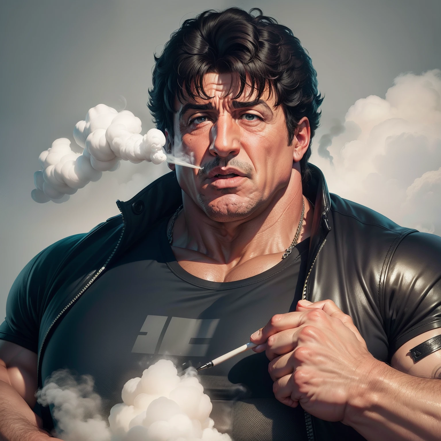 Fat Sylvester Stallone Picking his nose, blowing smoke out his face, nose, ears, concept art, 4k