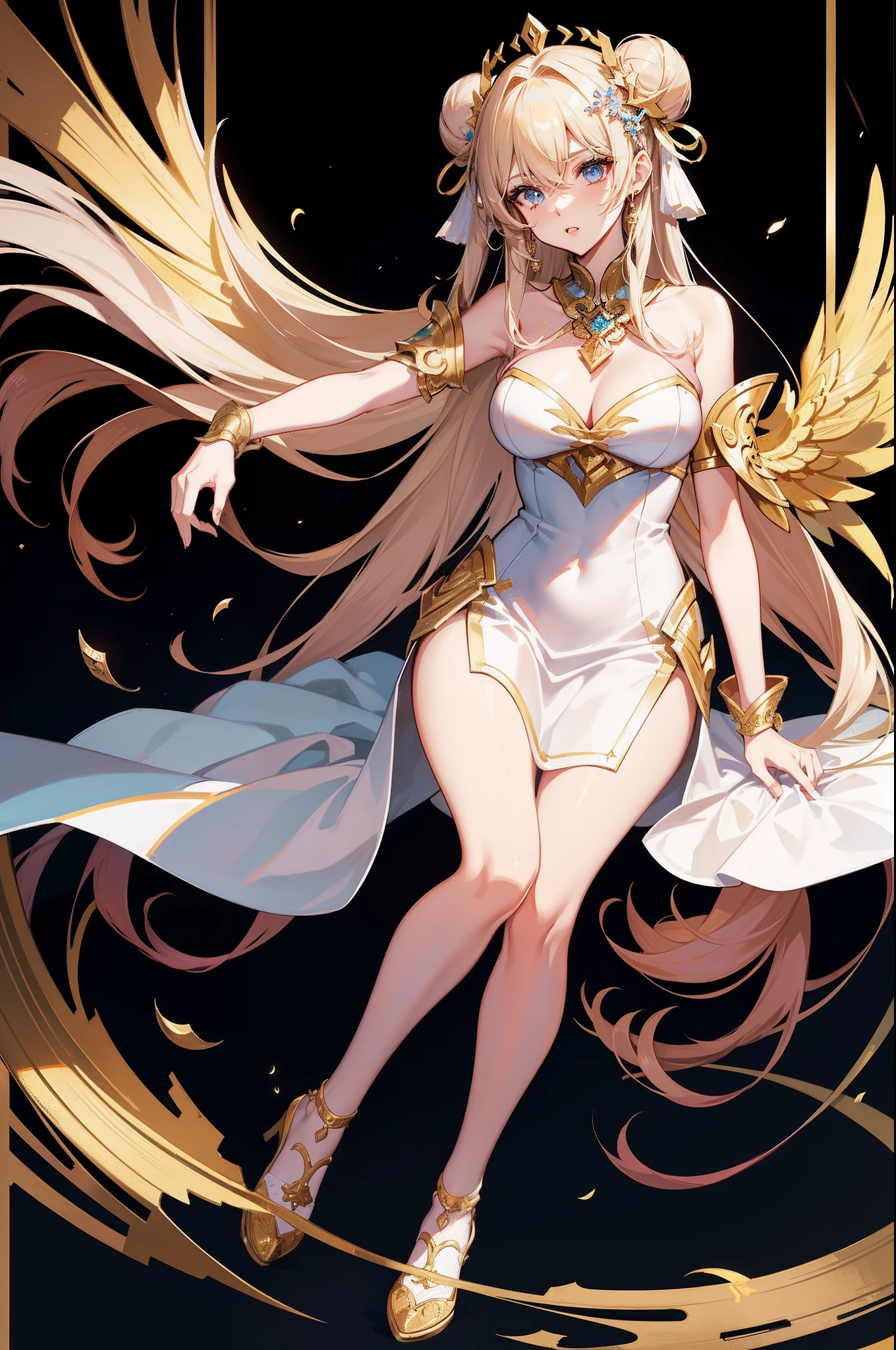(league of legend female character, hyper league of legend art style), female angel goddess, ((high quality silk chiense dresses, chinese style hairpin, mink scraf, golden necklace, silk armlet, ribbon, white silk leggings, collar)), (black twin bun hair style, brown pupil, chinese style make up, perfect body shape), (Coercion idol aura, cloudy effect), (masterpieces, fantasy world, hyper resolution), courtyard background