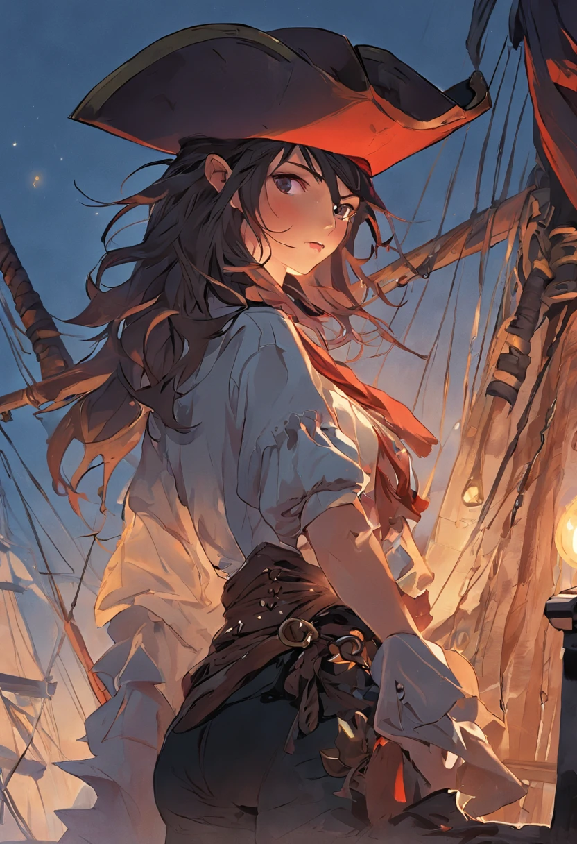"(Highest picture quality), (Prioritizing the exceptional image quality and astonishing level of detail), generate an awe-inspiring (photorealistic:1.1) a female pirate, pirate flag, night, moonlight, artwork portrait, adam hughes, sexy, erotic."