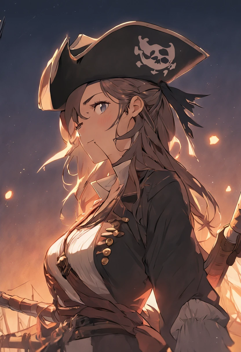 "(Highest picture quality), (Prioritizing the exceptional image quality and astonishing level of detail), generate an awe-inspiring (photorealistic:1.1) a female pirate, pirate flag, night, moonlight, artwork portrait, adam hughes, sexy, erotic."