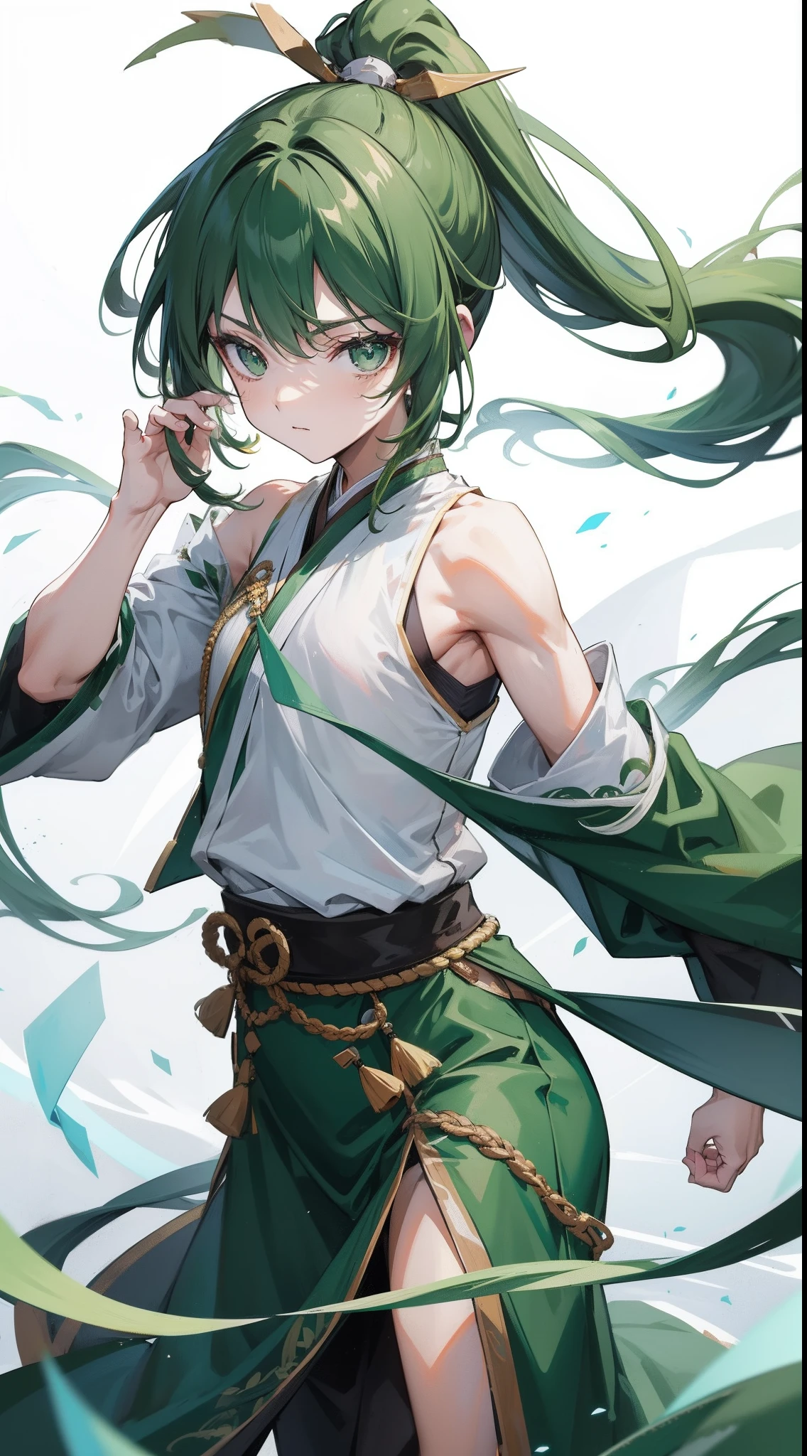 young boy, long dark green hair, high ponytail, Green eyes, Battle with Hanfu, Sleeveless, open belly, Masterpiece, hiquality