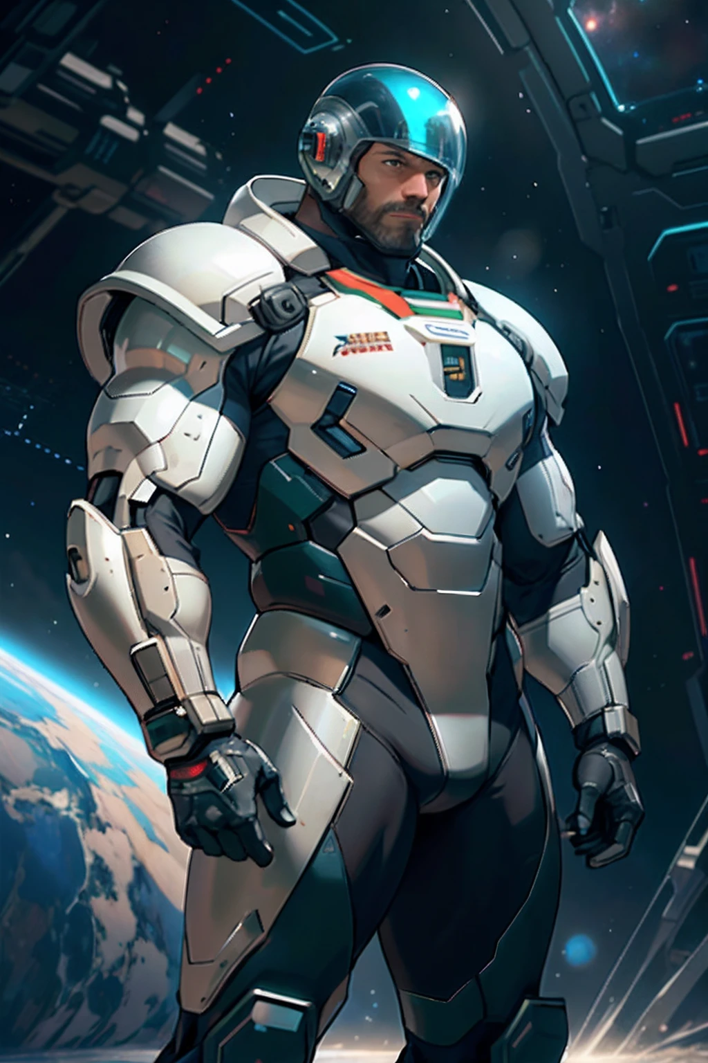 best quality, masterpiece, super high resolution, detailed background, realistic, illustration, single, 1 boy, man, big man muscle man, mature male, 36 years old, sci-fi helmet, sci-fi armor, heavy spacial suit, heavy sci-fi armor, bare arms, space background, muscle, muscular, volumetric lighting, depth of field, dark green armor
