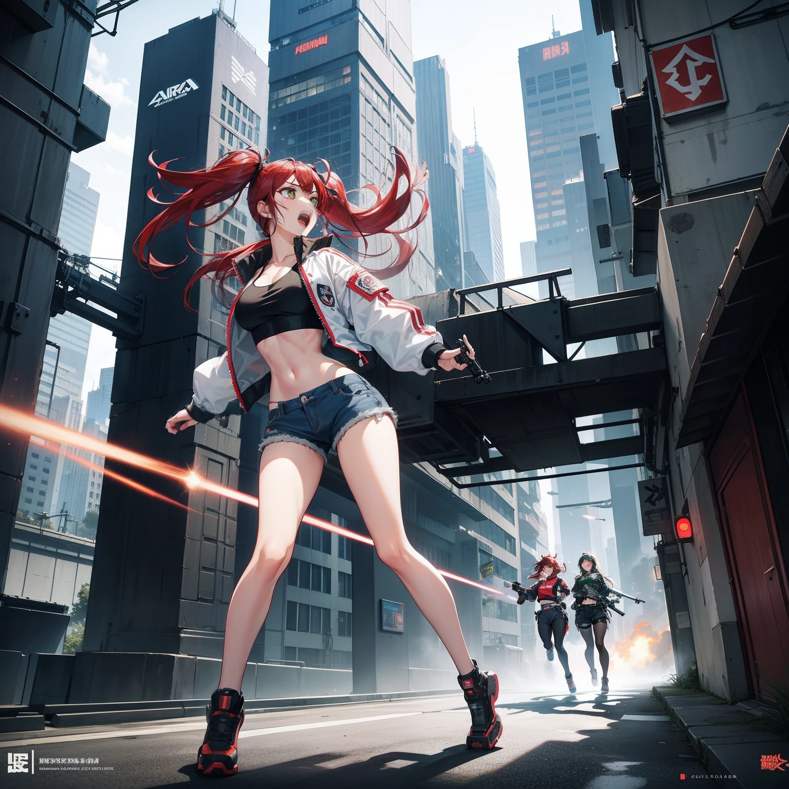 Full body shot, female asian Irina Shidou red hair twintails green eyes, in a cyberpunk city, wearing a bomber jacket and crop top and denim shorts, standing next to a Nissan GT-R, holding a big machine gun, holding a long laser rifle, shooting laser rifle, shooting lasers up at the sky, missile strike, rocket launch, rapid fire, explosions, running and jumping, open mouth, screaming, frontal shot, side shot, rear shot, back shot, behind shot, masterpiece, highly detailed
