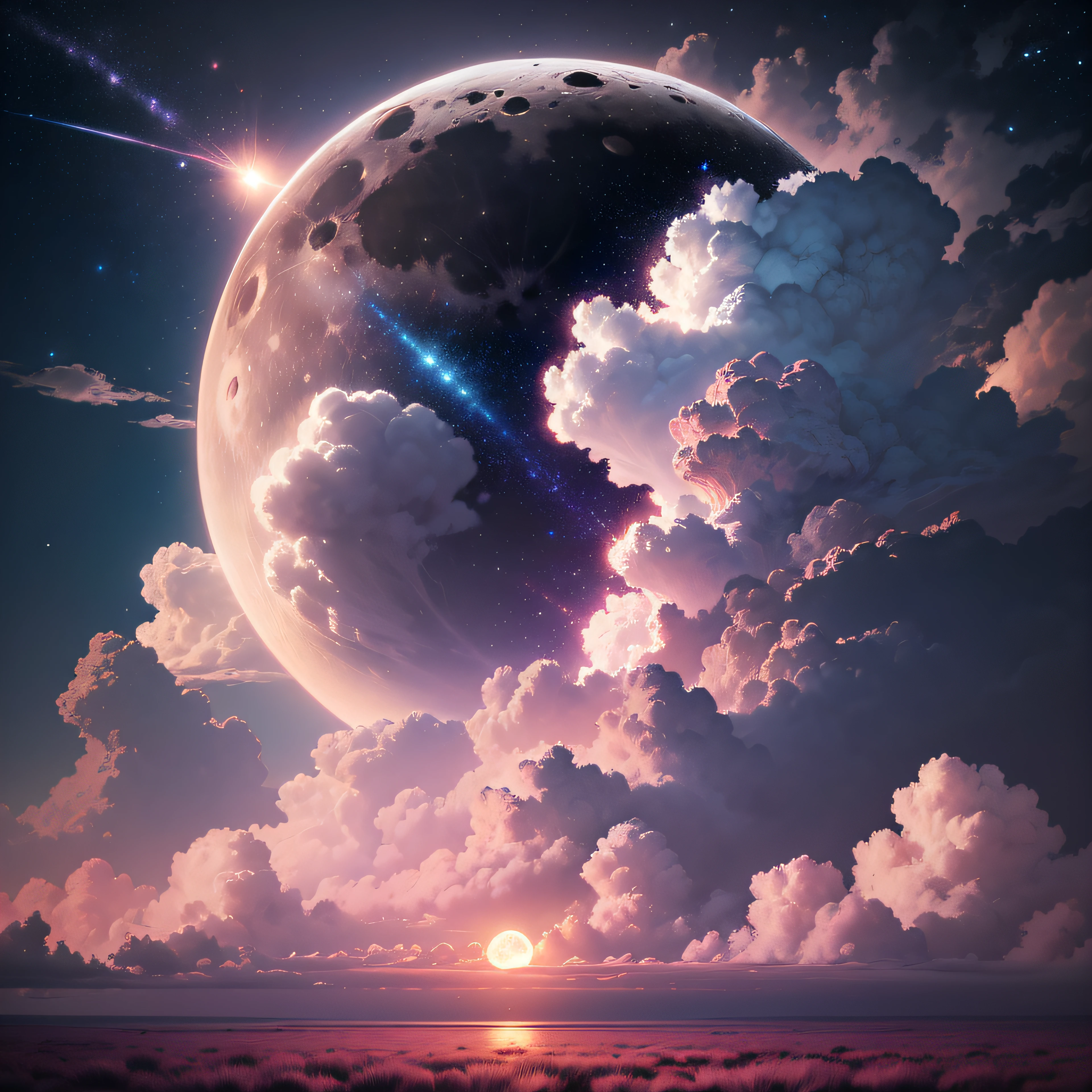 Beautiful and dreamy, the moon, clouds, starry sky, pink tone, big scene no one