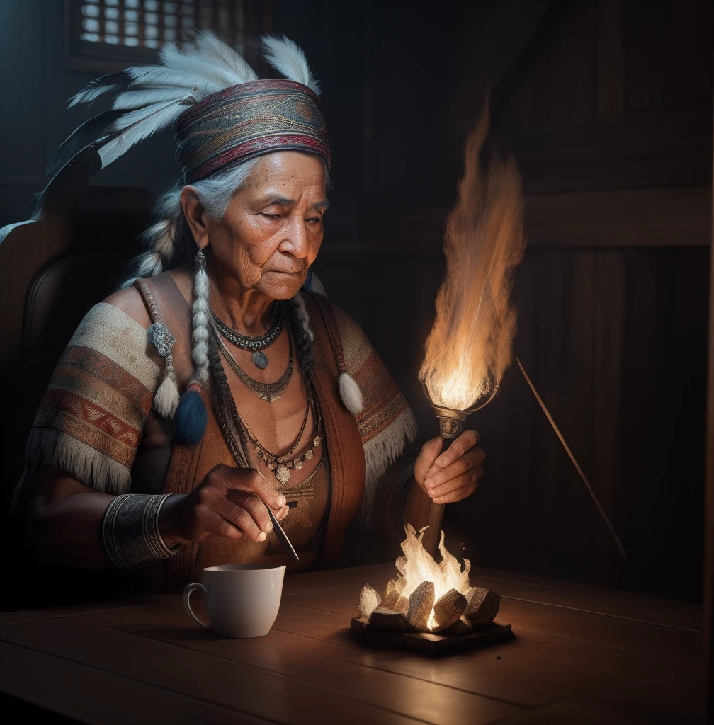 Create the dramatic lighting image of an 80-year-old American Indian with a wrinkled face, graves, braided white hair, It only has as a fudo cloth a scenario of mystery and magic with a lot of mysticism, trend digital art in Artstation 8k HD high definition detailed realistic, circunstanciado, textura da pele, hiper detalhado, textura de pele realista, armadura, melhor qualidade, ultra high-resolution, (fotorrealista:1.4), high resolution, circunstanciado, Foto RAW, sharp re, by Lee Jeffries Nikon D850 film Stock Photography 4 Kodak Portra 400 camera F1.6 lens rich colors hyper realistic lifelike texture dramatic lighting unrealengine trending on artstation cinestill 800,