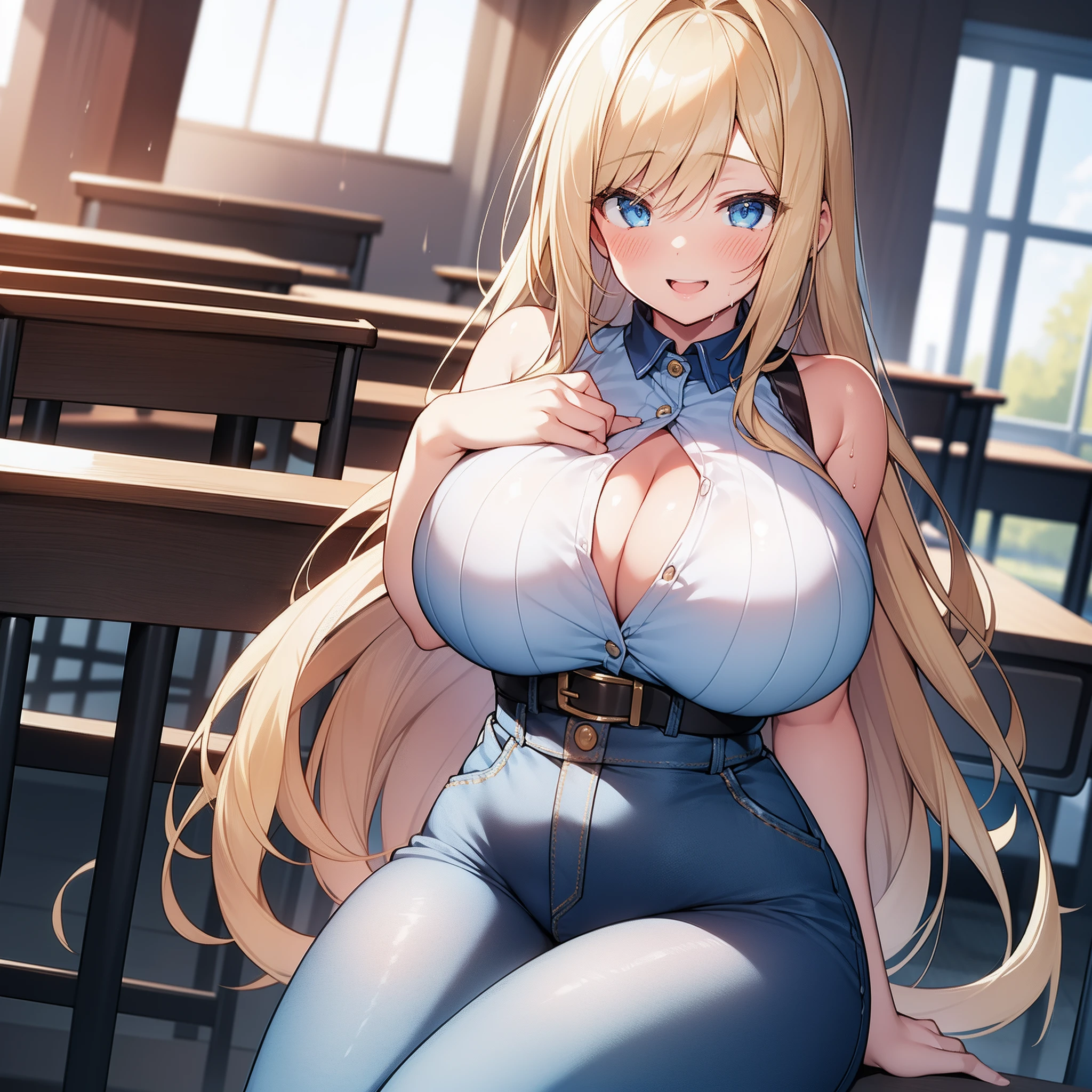 Masterpiece, Best quality, 1girl, ultra Huge breast, On a classroom chair, foreground, lots of sunlight, Cute big beautiful light blue eyes, Blushing happy face, excited, huge smile, half open eyes, Wear white micro top, sleeveless, wear high rise blue jeans, Very visible cleavage, very long blonde hair, little bit wet body, super cute face, young girl, micro waist, big hips, short, has one own hand touching her own breast, no extra arms, no extra legs