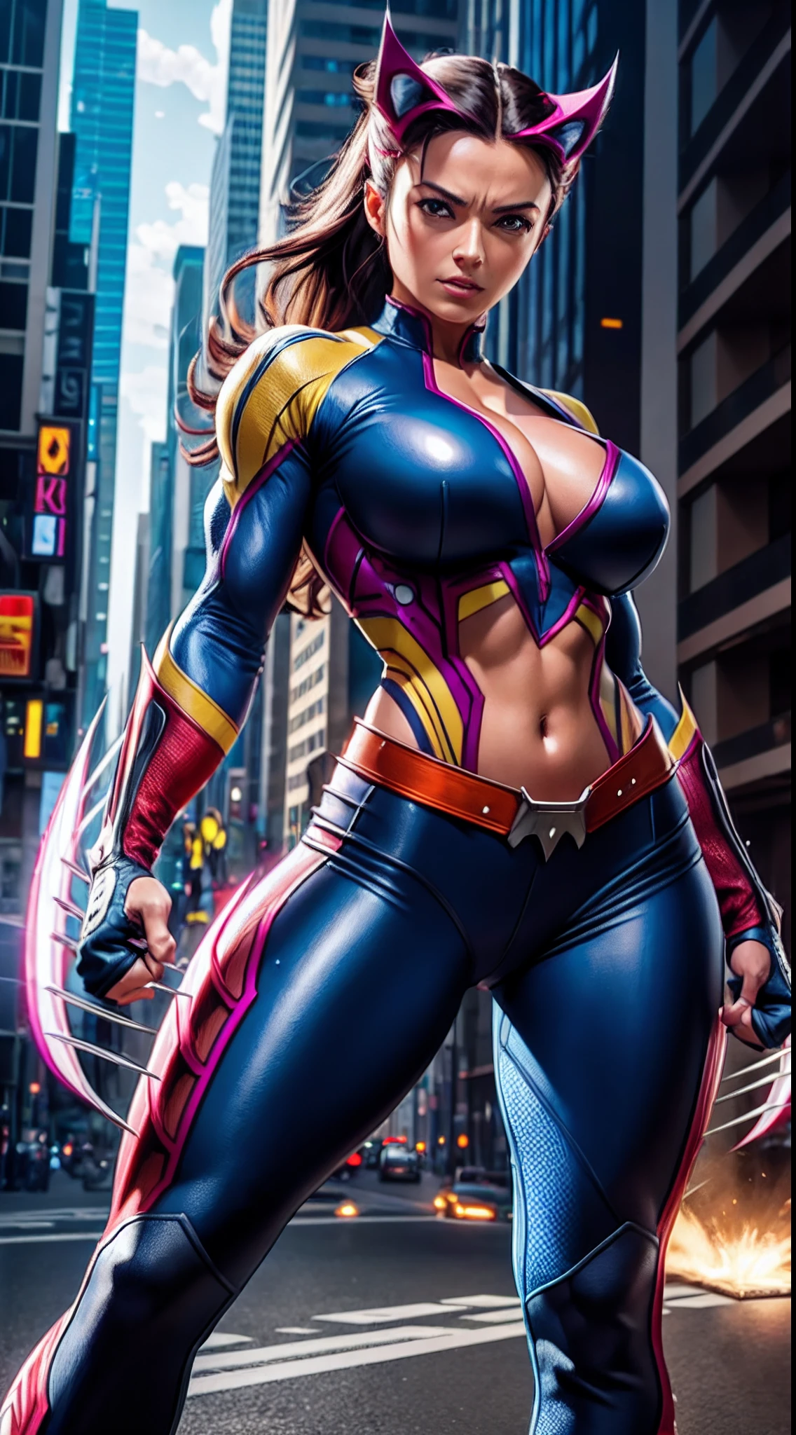 ((cosplay Wolverine woman)), big breasts, medium hips, ((ultra realistic)), TM Ninja white, icons, vibrant colors, vector style, digital art, 4k, intricate details, mesmerizing, professionally made, beautiful vector illustration, 12k resolution, ..3d, all characters detailed in full length, ((highly detailed)), ((vibrant)),((Ultra high quality)), ((hyperrealism)), ((photorealism)), [ octan rendering ] , in the city, many cars (realistic)