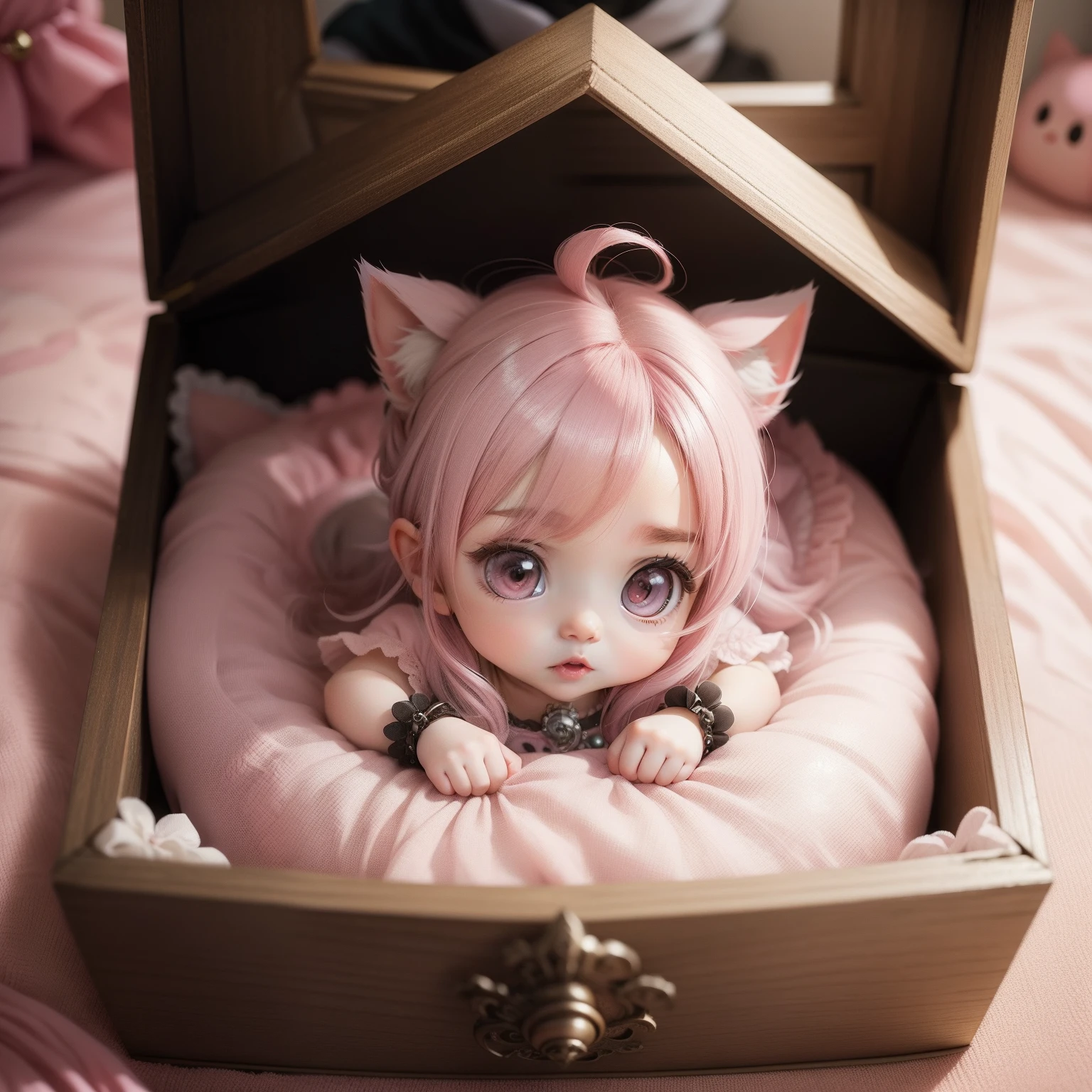 Cute Baby Chibi Anime,greyt hair,Pink and pink dress sit in the Creative Castle Jewelry Box