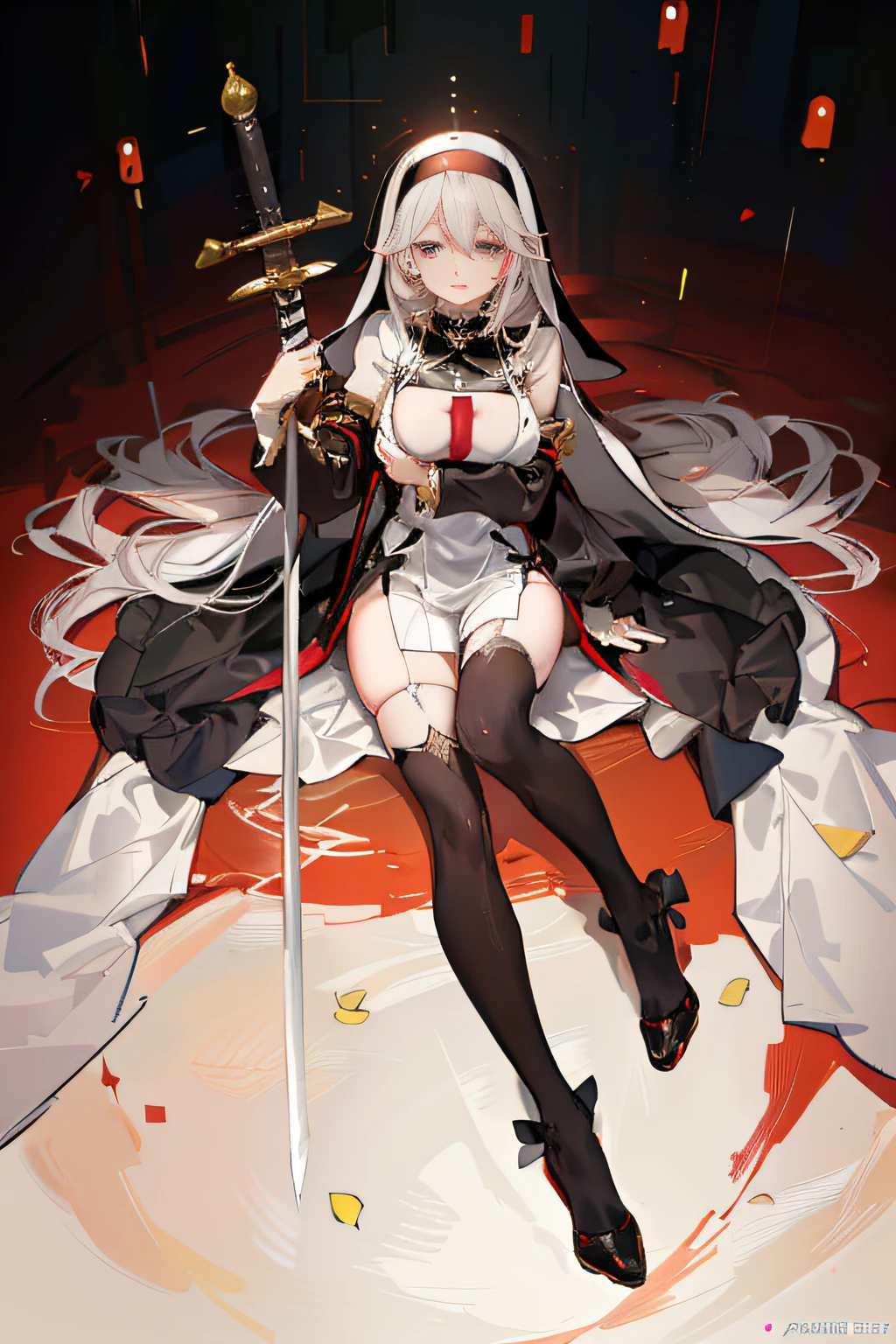 white color hair，animemanga girl, Comic style, the breasts are large, oppai, seductive anime girls, Breast nudity，holy sword，battlefiled，Stand with a sword，long whitr hair，Royal sister，Suspender black stockings，Half-open nun dress