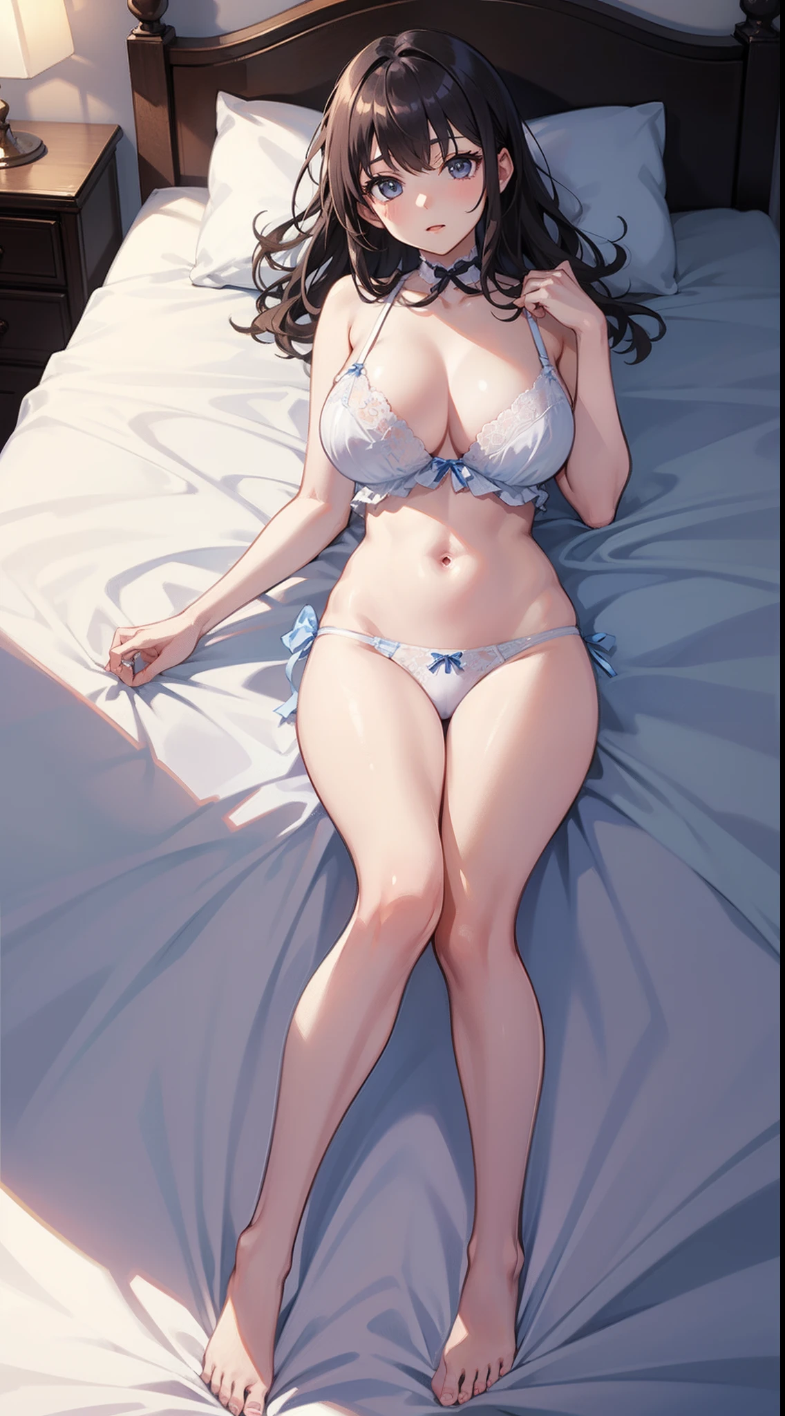 masutepiece、hight resolution、1girl in、in one's underwear only、Cute lingerie、large full breasts、Lying on your back in bed、Cute anime illustration、