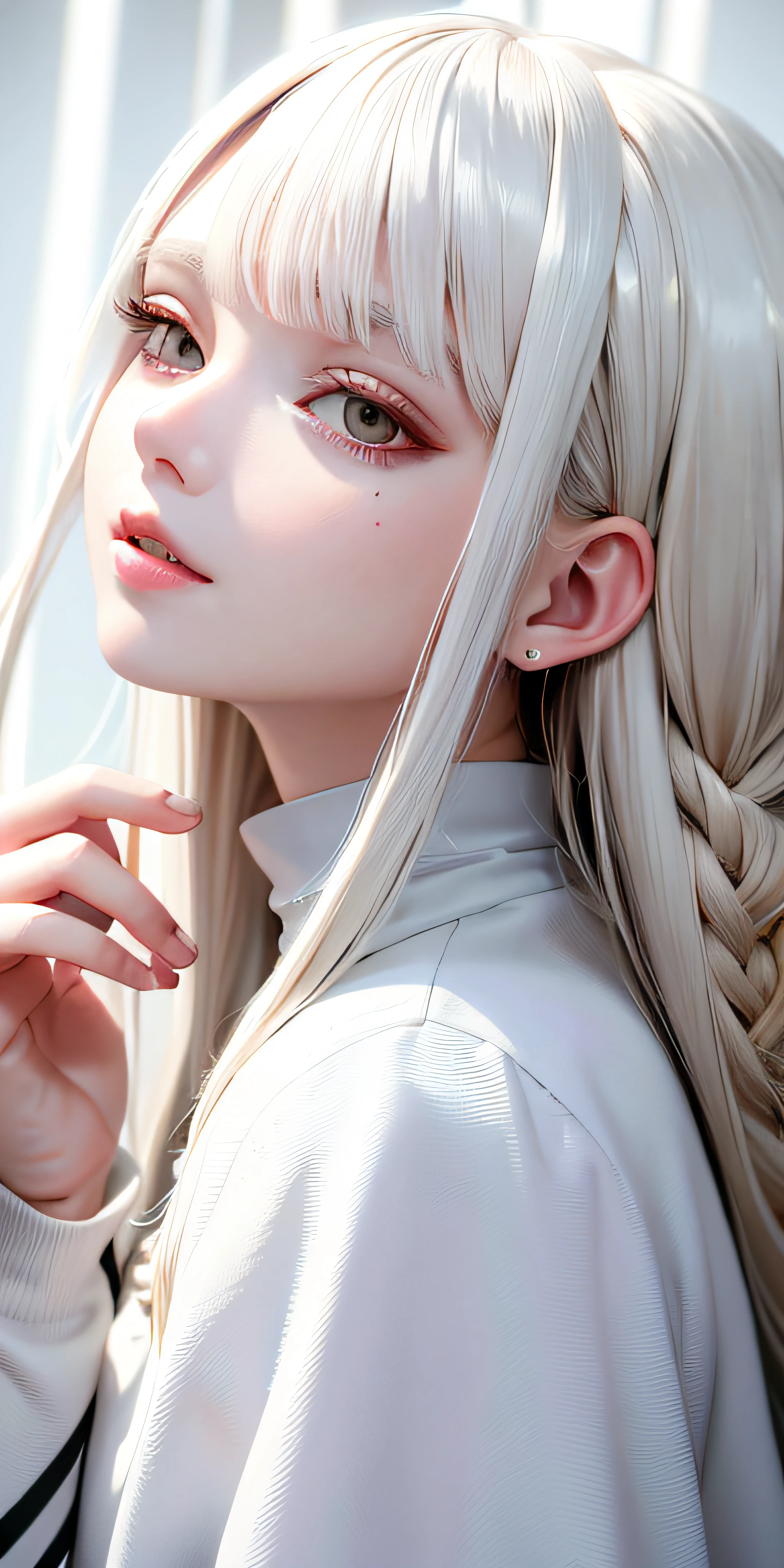 best quality, masterpiece,white hair, gold eyes,white clothes, looking up, upper body,hair strand,Fair skin,side braids
