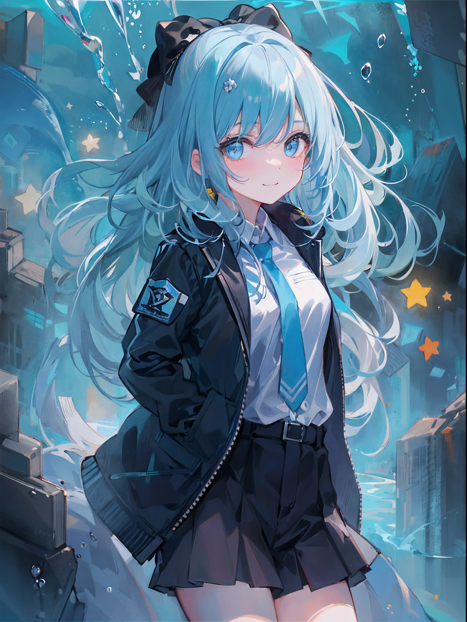 ((top-quality)), ((​masterpiece)), ((ultra-detailliert)), (extremely delicate and beautiful), girl with, 独奏, cold attitude,((Black jacket)),She is very(relax)with  the(Settled down)Looks,A dark-haired, depth of fields,evil smile,Bubble, under the water, Air bubble,bright light blue eyes,Inner color with light blue hair and dark blue tips,Cold background,Bob Hair - Linear Art, shortpants、knee high socks、White uniform like school uniform、Light blue ribbon ties、Clothes are sheer、Hands in pockets