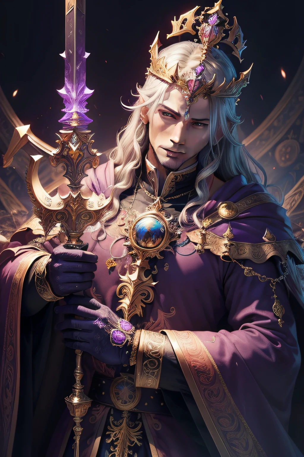 (masterpiece, top quality, best quality, official art, aesthetic:1.2), (1man), extreme detailed,(fractal art:1.3),colorful,highest detailed, holding sceptor, prince