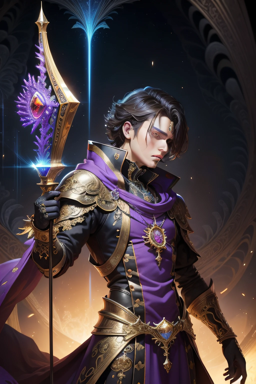 (masterpiece, top quality, best quality, official art, aesthetic:1.2), (1man), extreme detailed,(fractal art:1.3),colorful,highest detailed, holding sceptor, prince