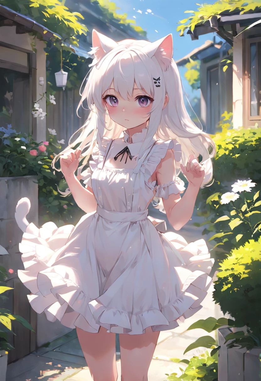 A fifty-year-old girl in a pink dress sitting on a bed, very beautiful anime cat girl, Gweitz, beautiful anime catgirl, White cat lady, cute anime catgirl, Very beautiful cute cat girl, Gweitz on pixiv artstation, anime. Soft lighting, Gweitz on artstation pixiv, anime cat girl in a maid costume