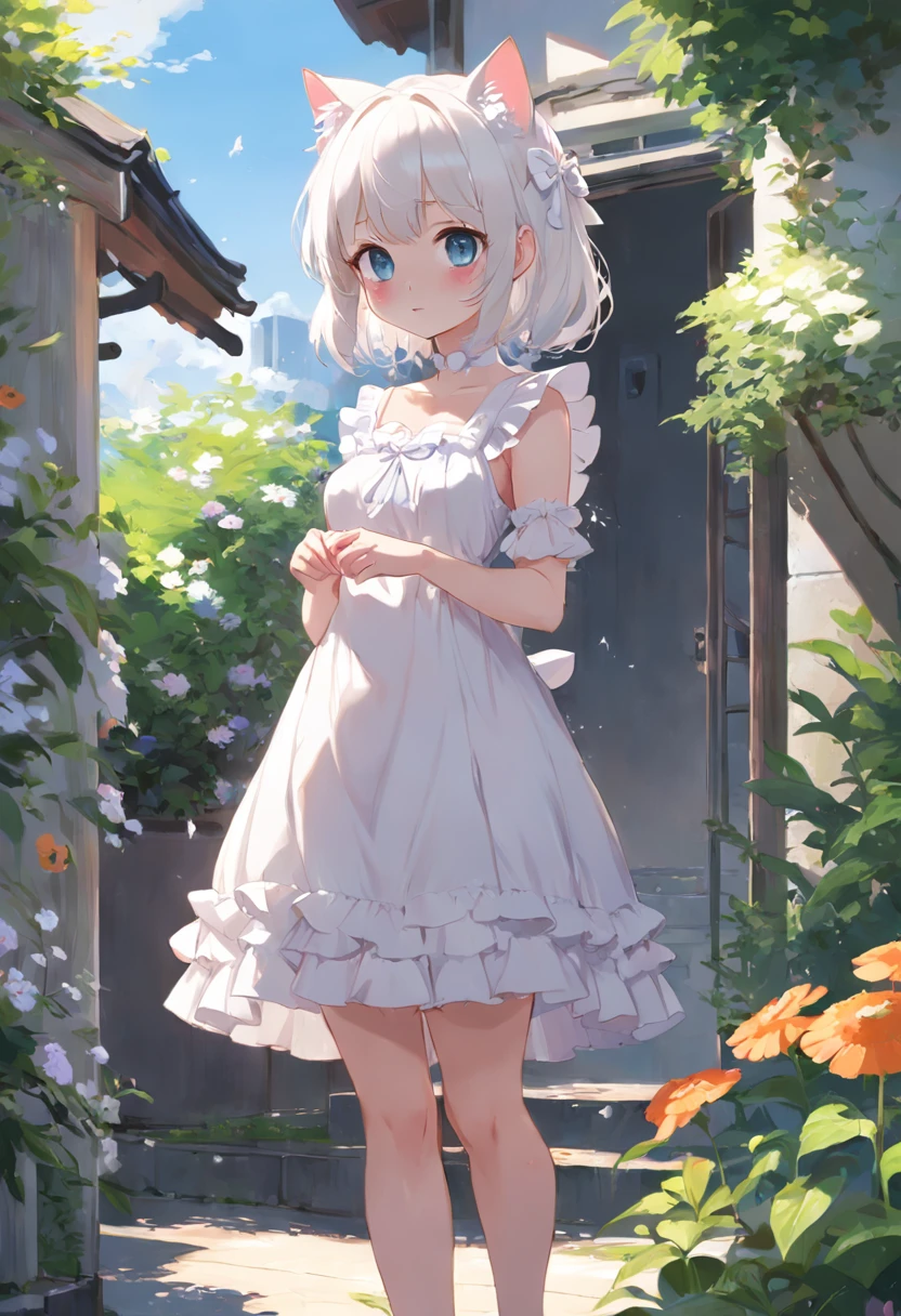 masterpiece, best quality,A beautiful woman with light delicately filtering through her hair, her summer dress is beautiful and she's standing in front of a cottage