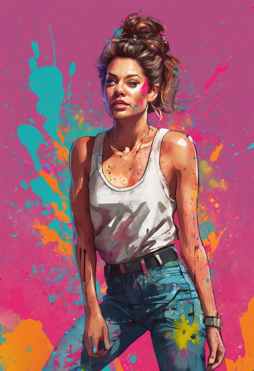 samdoesarts; award winning half body portrait of a beautiful woman in a croptop and cargo pants, paint splashes, hair in a bun, splatter, outrun, vaporware, digital art