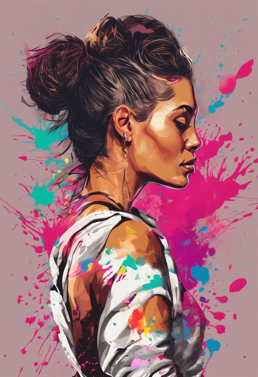 samdoesarts; award winning half body portrait of a beautiful woman in a croptop and cargo pants, paint splashes, hair in a bun, splatter, outrun, vaporware, digital art