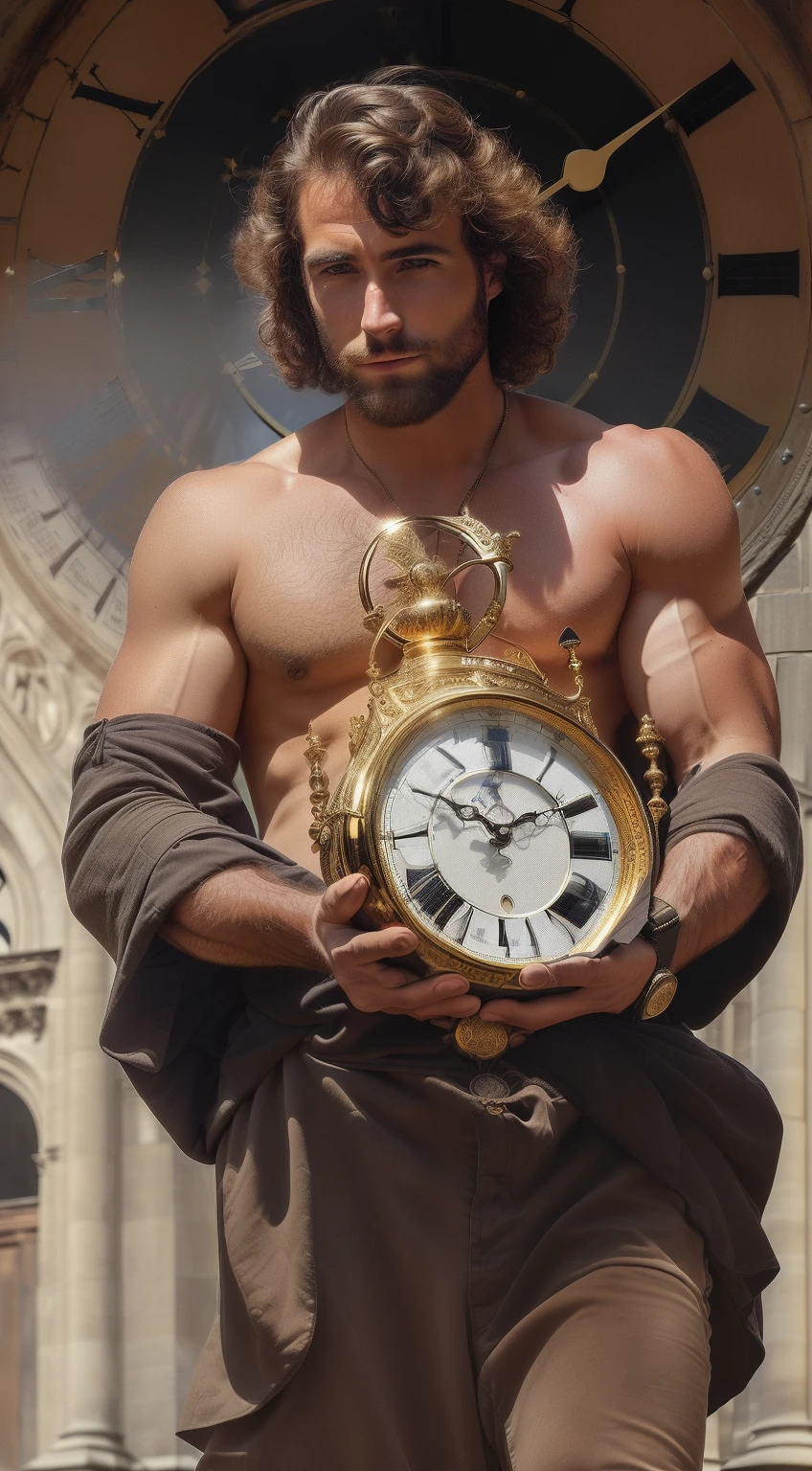 Man holding a clock in front of a clock tower, O estilo de um Deus, Retrato masculino