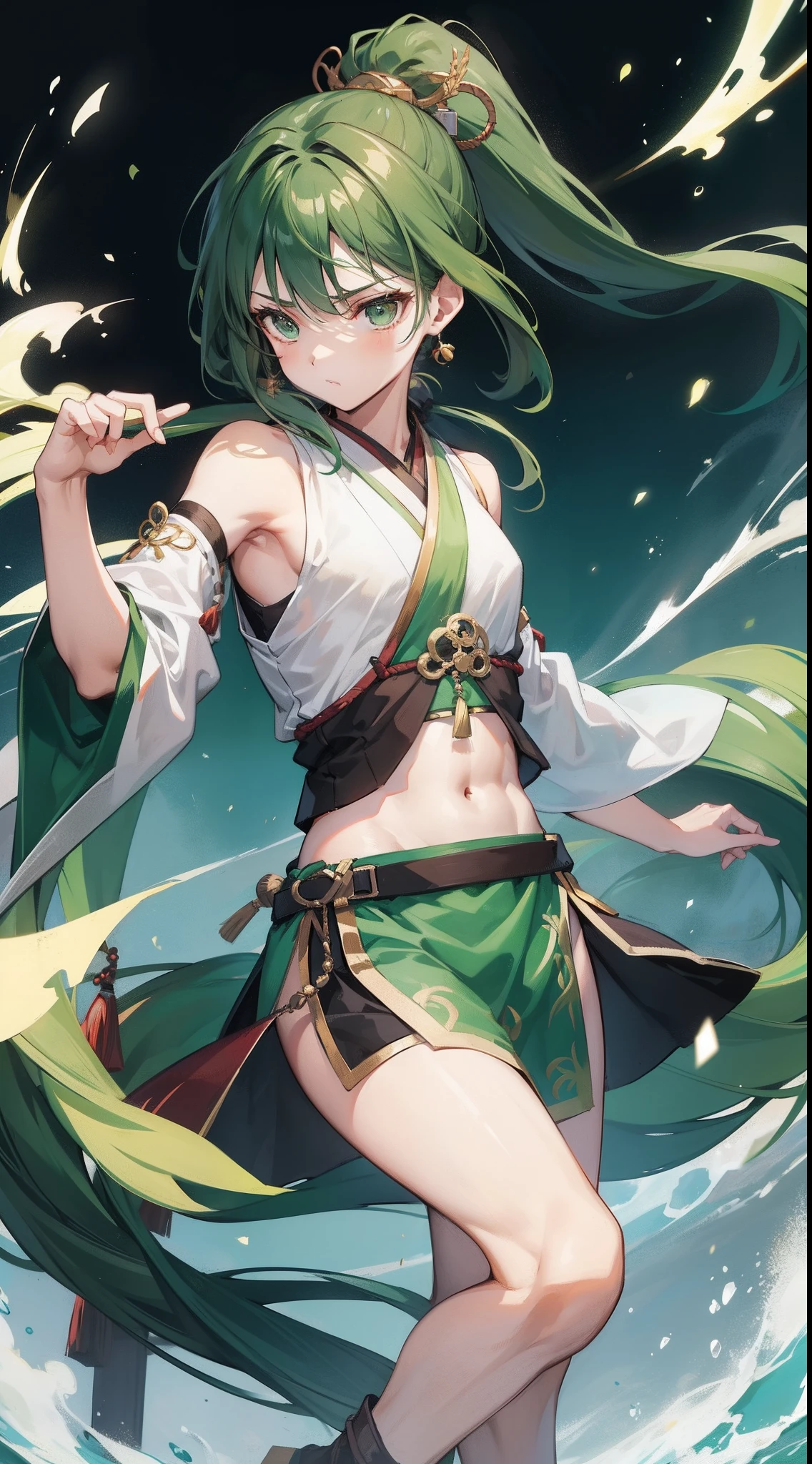 -arcana,arcana,Windranger anime style, solo, bow \(weapon\), weapon, 1girl, simple background, flower, long hair,, bug, green eyes, arrow \(projectile\), no humans, full bodyexposed belly, brown hair with red tips, short, (chest)