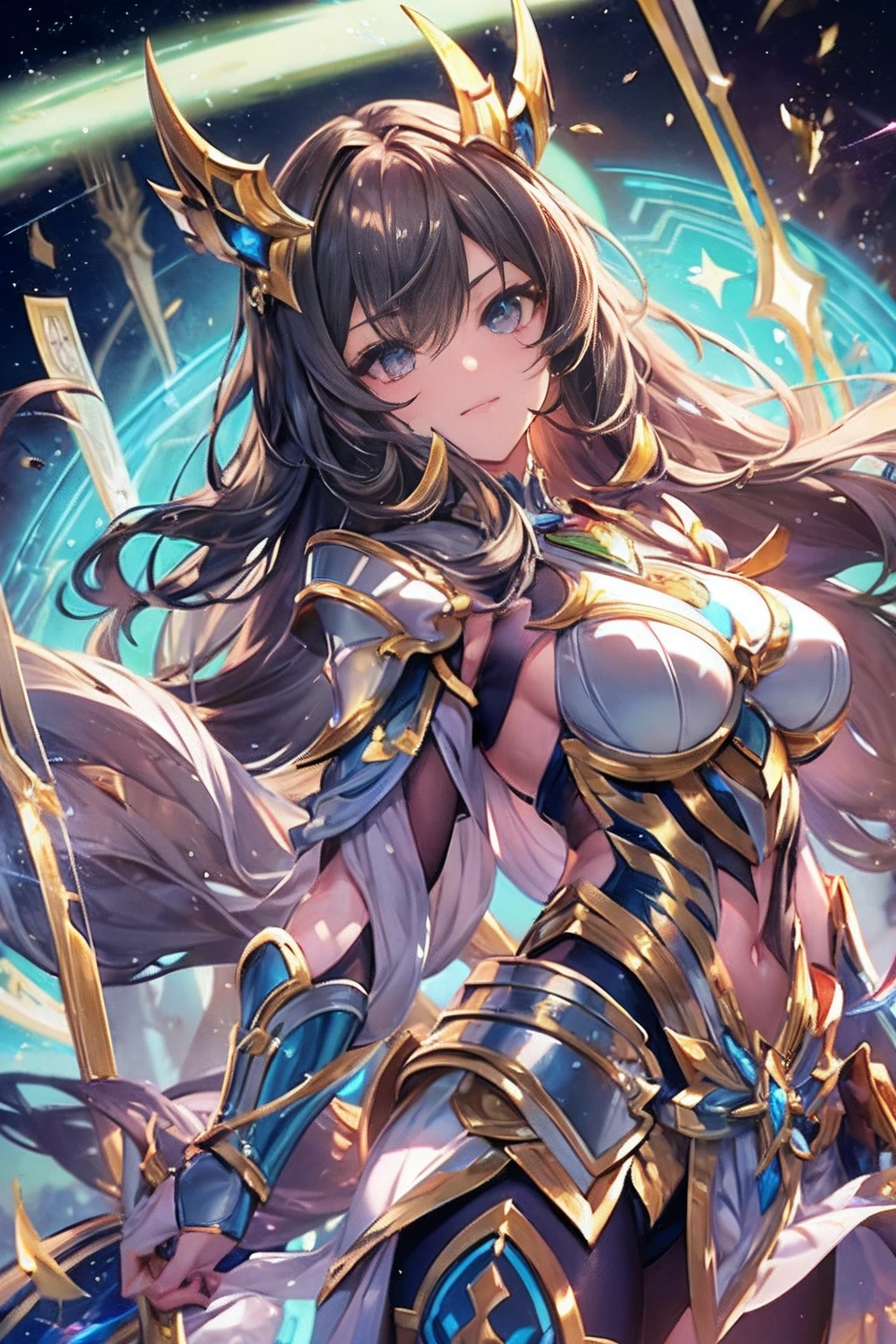(((masterpiece)))、(((top-quality)))、((ultra-detailliert))、(illustratio)、((extremely delicate and beautiful))、Bright smile、floating、(Detailed light) (1girl in)、、独奏、The long-haired、The wind is blowing、A WORLD、(cute eye)、starryskybackground,Wearing shiny gold armor, Sexy lingerie type armor,Expose your breasts,Exposing the waistline,Exposing thighs,Cool Pose, Saint Seiya's Armor, dishevled hair,high detal, Anime style, Cinematic lighting, spark of light, God Light, Ray traching, film grains, hyper HD, textured skint, super detailing, anatomical correct, hight resolution,super high saturation,highly contrast,High-gloss armor,slick skin,serious facial expression,Dark room,