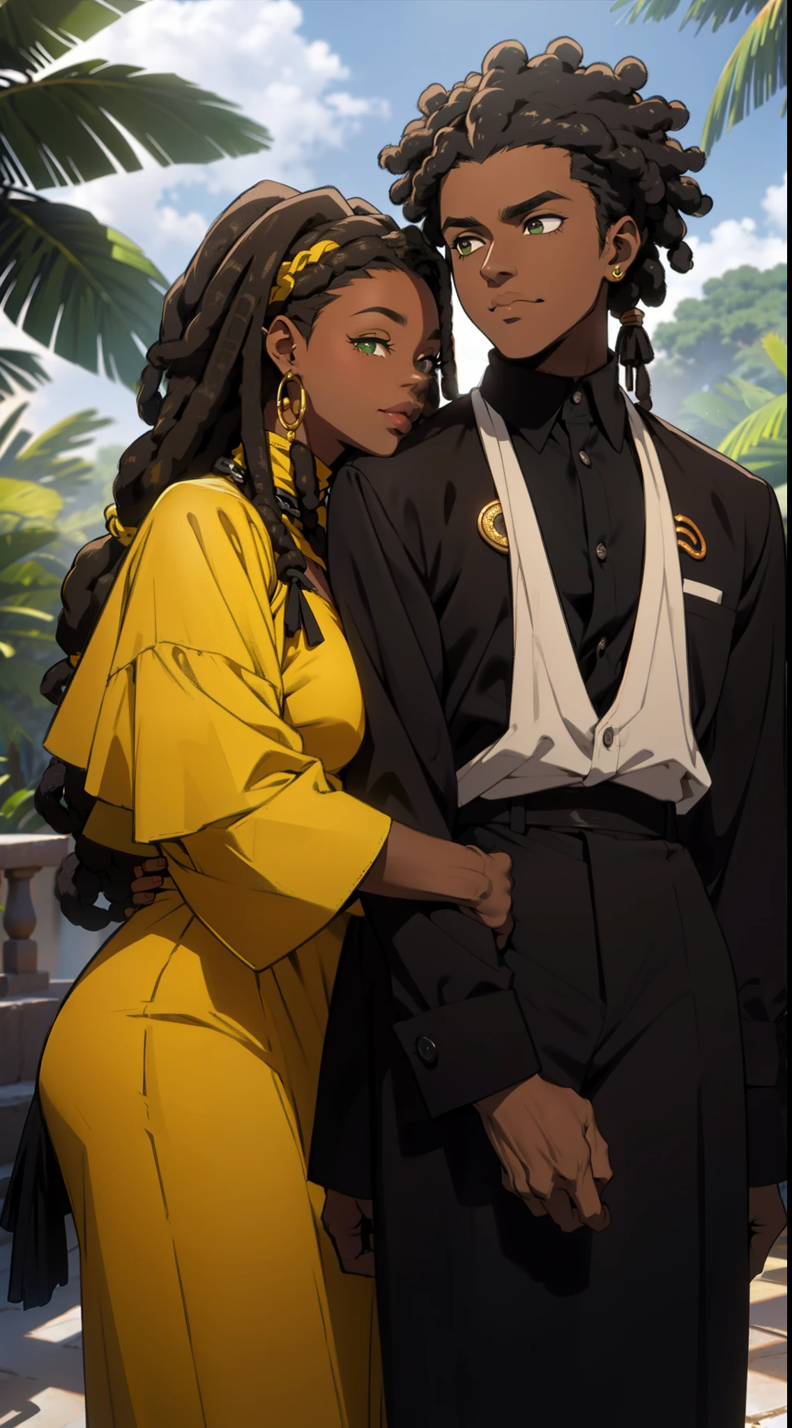 "Produza uma imagem de estilo anime que celebra o amor entre casais negros. A garota, pele negra, pele negra, pele negra 1.5,  with black leather and thin African braids, possui ((olhos verdes)) encantadores. Seu parceiro, {de pele escura e cabelos: 1,5}, ((Dreadlocks curtos)), tem olhos brancos expressivos. Ambos usam casacos largos com detalhes dourados, adding a touch of sophistication. Ambientada em um jardim, a cena retrata beijos apaixonados entre eles. Transmita a intensidade do amor eterno entre esses amantes negros, highlighting their unique characteristics and the romantic connection they share. Casaco {((camisolas estilosas, super na moda, super look))}".