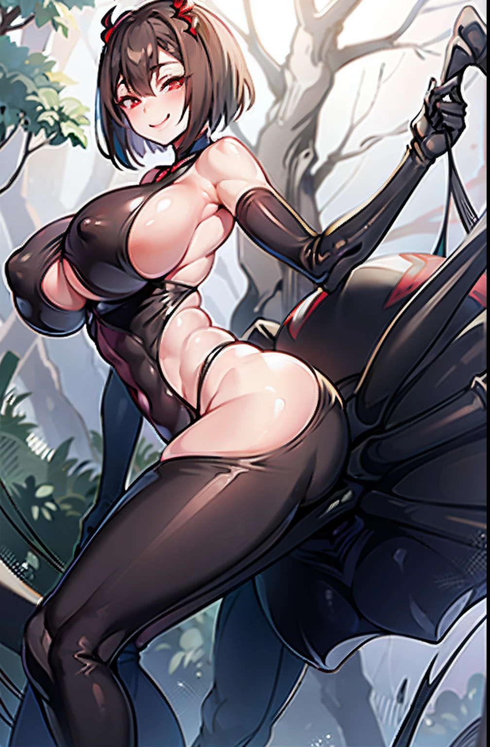 Nsfw, Hentai, Arachne, masturbation, webbing, huge breasts, huge ass, muscles, thighs, smiling, brown short hair, hairy, above a huge spider web in a forest, 4k, spider web In the background