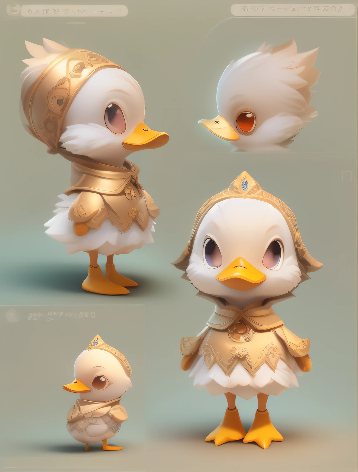 Super cute duck with big eyes dressed in white and gold ethnic style costume, adorable expression, Charming smile, Super high detail, solid color backdrop, Exquisite, 3d effect, a blind box toy, Garage Kit, super high precision, Perfect lighting, OC renderer, blender, 8K, Super clear, Super noise reduction --q 2 --s 450 --ar 3:4 --V 5.1