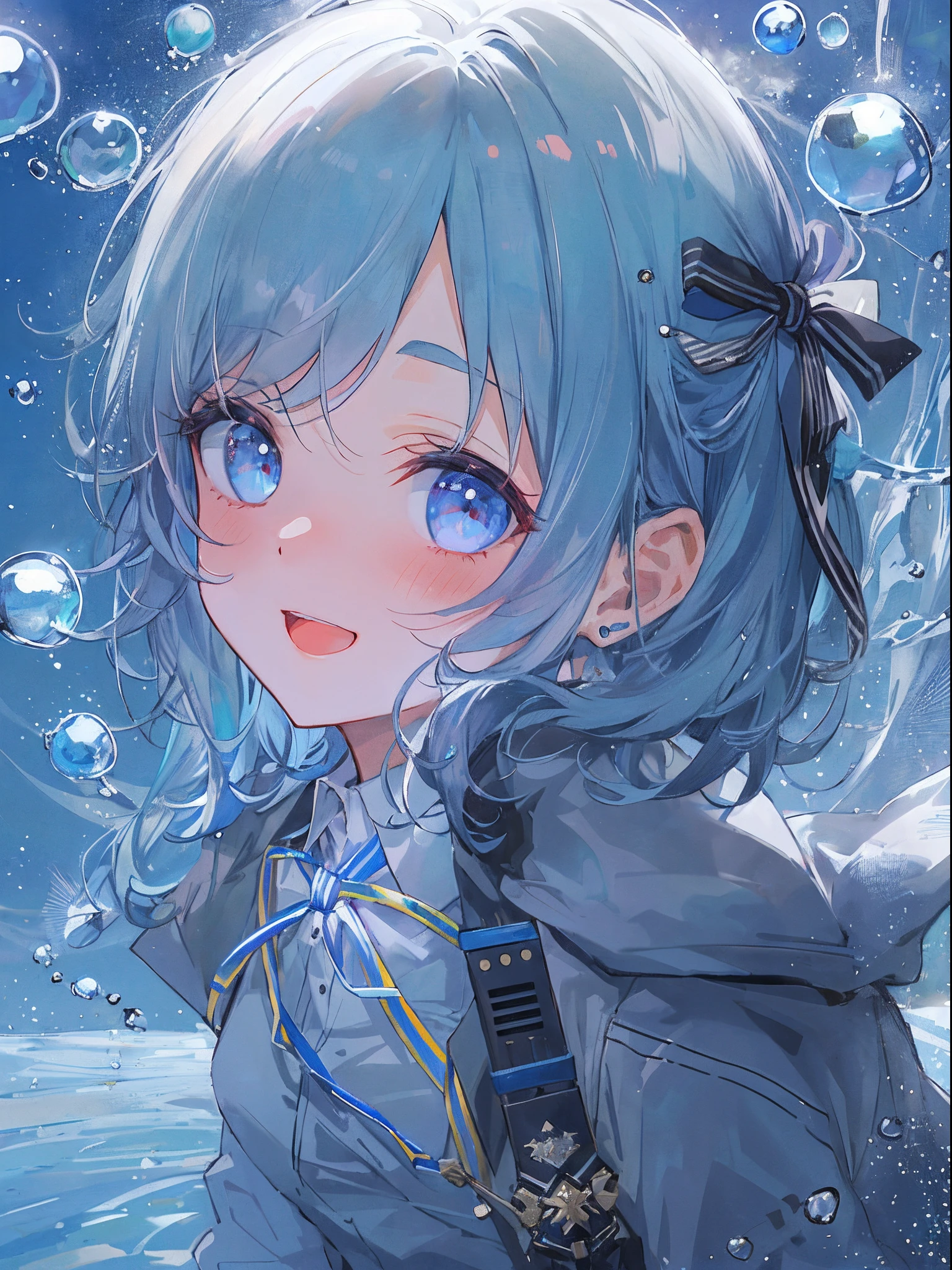 ((top-quality)), ((masterpiece)), ((ultra-detailliert)), (extremely delicate and beautiful), girl with, 独奏, cold attitude,((Black jacket)),She is very(relax)with the(Settled down)Looks,A dark-haired, depth of fields,evil smile,Bubble, under the water, Air bubble,bright light blue eyes,Inner color with light blue hair and dark blue tips,Cold background,Bob Hair - Linear Art, shortpants、knee high socks、White uniform like school uniform、Light blue ribbon ties、Clothes are sheer、Hands in pockets