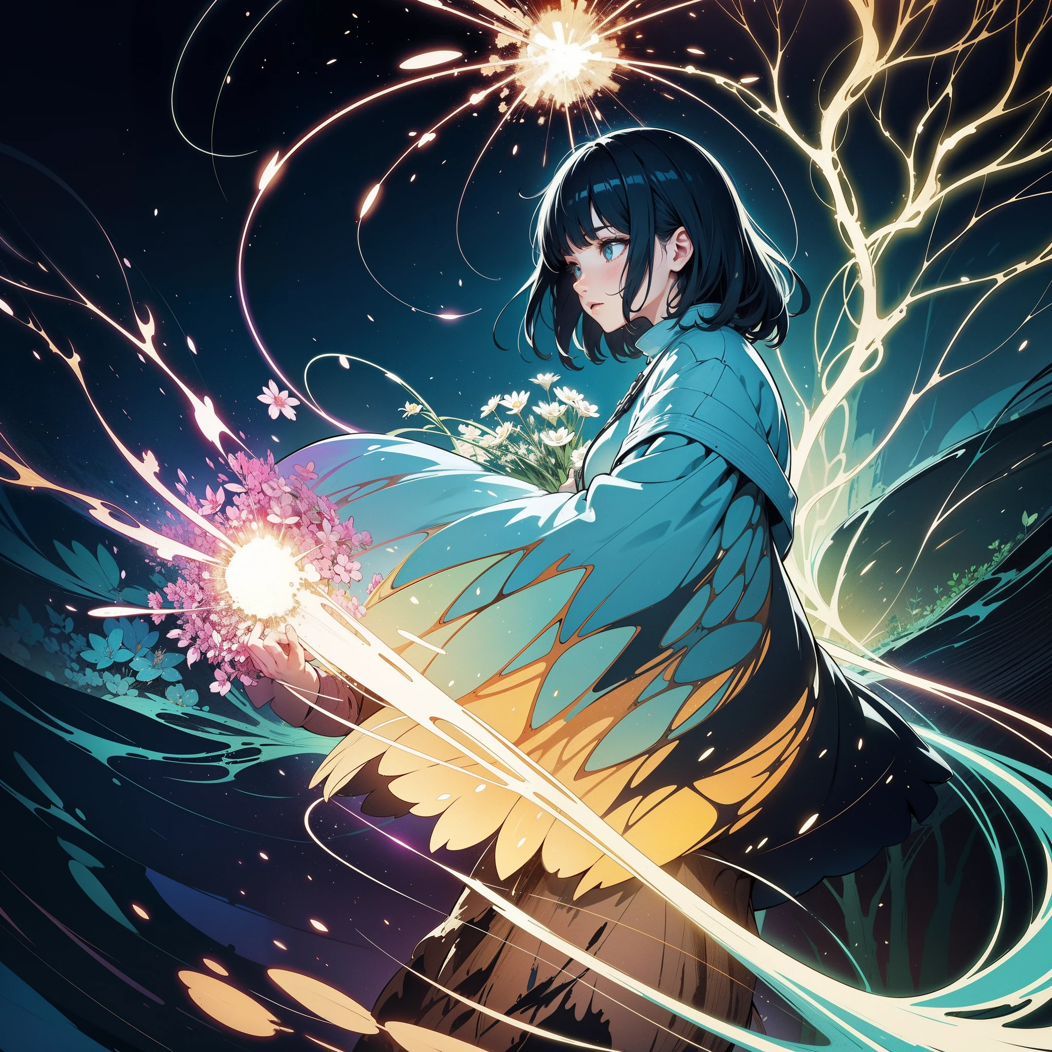 in the middle of a magical forest a tall beautiful fantastic flower grows, sparks glow around it, a mysterious light, children's book illustration style, simple, cute, full colors, art by Carne Griffiths and Wadim Kashin -no outline