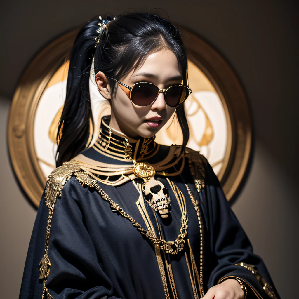 Asian women 40 years of age, pirate coat, black long hair, chubby, curvy figure, gold trim on coat, beautiful