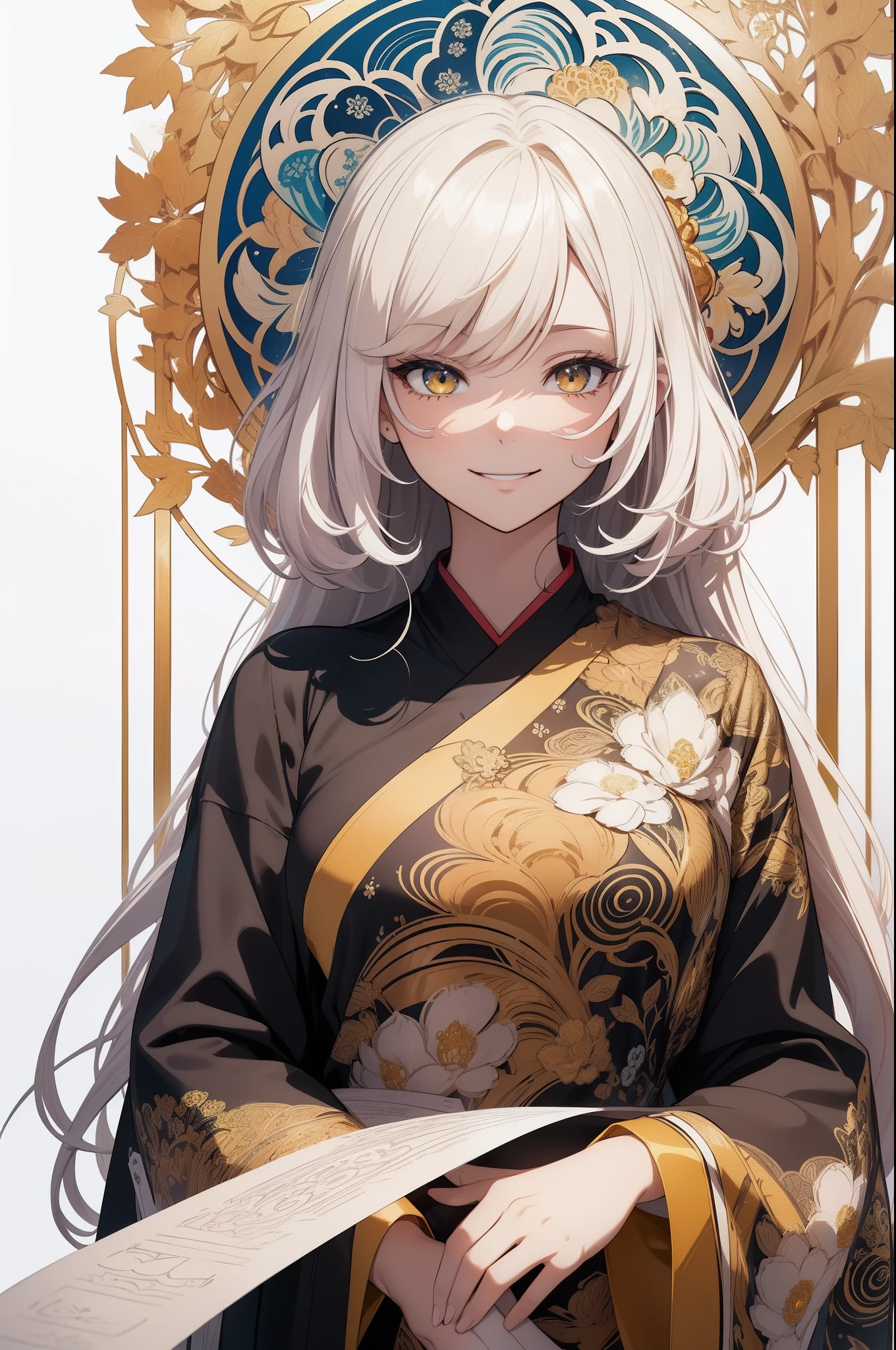 (masutepiece), (Best Quality), (White background:1.4),(Silhouette of a girl's head, Happy smiling face, Looking to the Viewer, Colorful long straight hair, Contemporary Girl),(Big yellow crystal eyes), (Long Platina Blonde Straight Hair), (Art Nouveau illustration:1.3,paper art:1.3),(Reasonable design, Clear lines, High Sharpness,Best Quality, Very detailed, masterpiece, Movie Light Effects, 8K ), Autumn air, Autumn flowers and leaves, (3D), Colorful, Falling soft sun rays, Happy, (zen tangle art:1.4)
