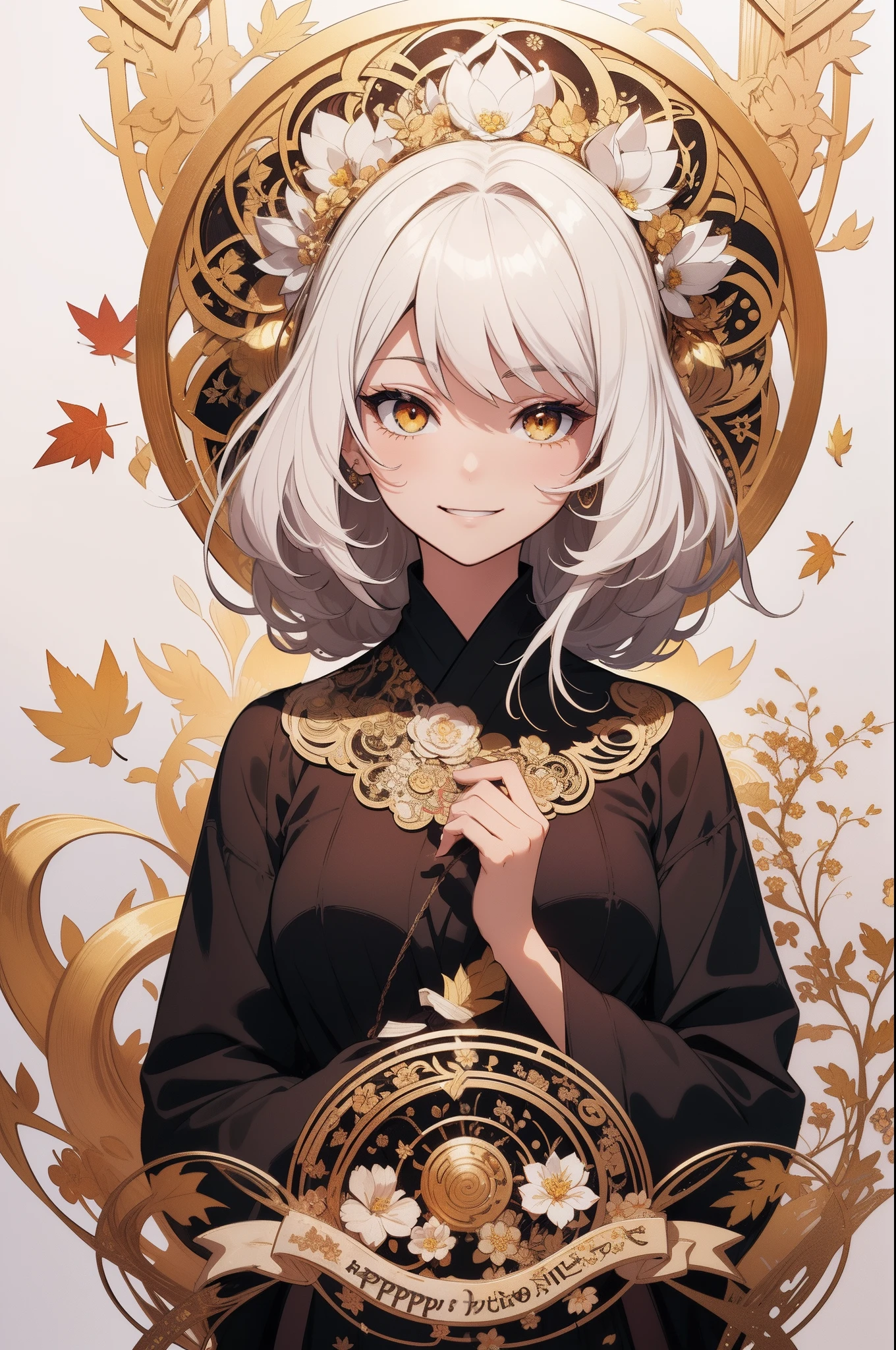 (masutepiece), (Best Quality), (White background:1.4),(Silhouette of a girl's head, Happy smiling face, Looking to the Viewer, Colorful long straight hair, Contemporary Girl),(Big yellow crystal eyes), (Long Platina Blonde Straight Hair), (Art Nouveau illustration:1.3,paper art:1.3),(Reasonable design, Clear lines, High Sharpness,Best Quality, Very detailed, masterpiece, Movie Light Effects, 8K ), Autumn air, Autumn flowers and leaves, (3D), Colorful, Falling soft sun rays, Happy, (zen tangle art:1.4)
