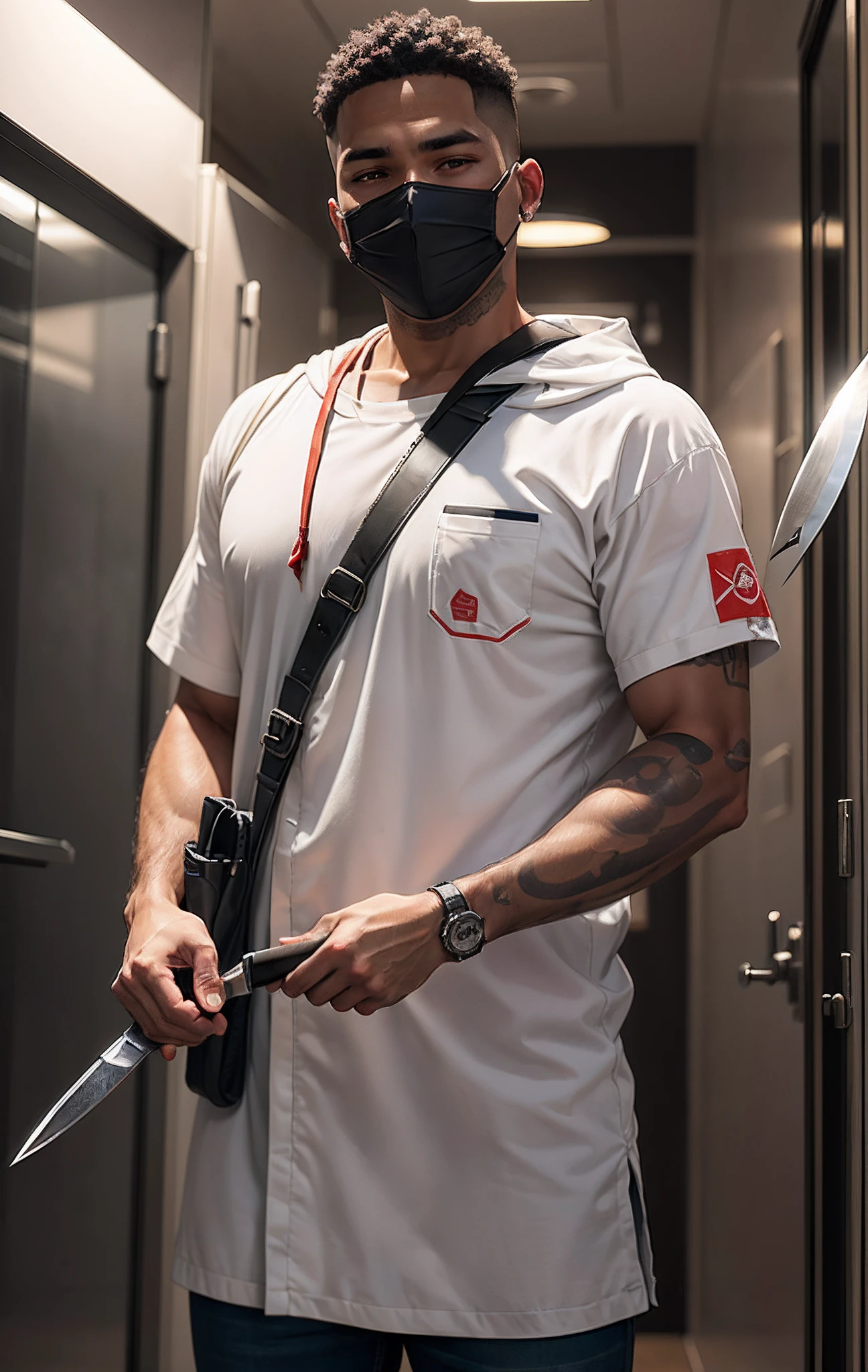Man with a knife in his right hand, With the mask of Ambu, com a roupa da tomam