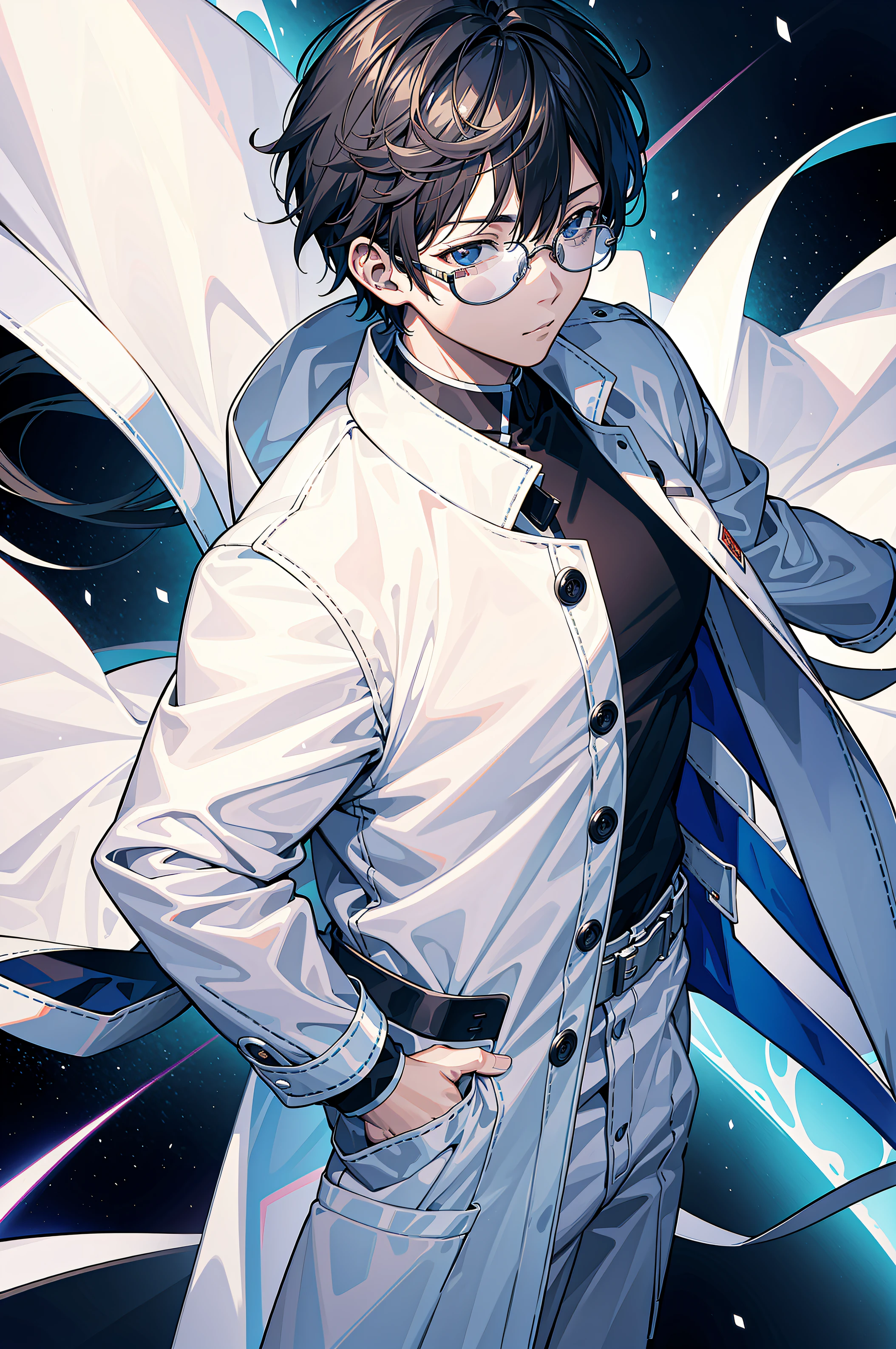 "Satoru Gojo, depicted in a stunningly detailed CG artwork, wearing a pristine white coat and sporting stylish transparent glasses"