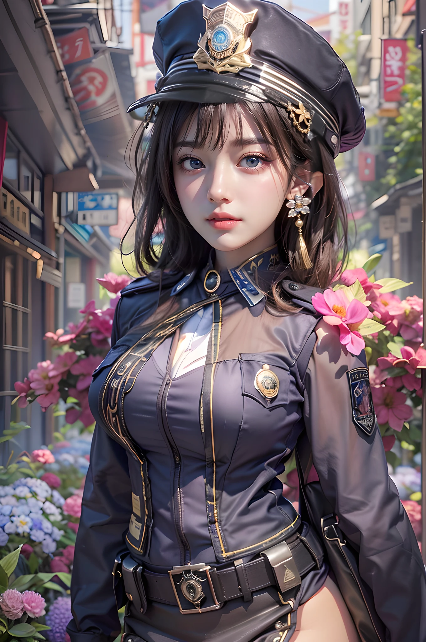 Female policewoman in Japan,Beautiful cityscape with lush greenery,(Many flowers are blooming:1.2),Serious face,focal,电影灯光,(((tmasterpiece))), ((best qualtiy)), ((intricate and detailed)), ((Ultra-realistic realism)), Ultra-high resolution, Japanese actressl, 23years old, see -through, ighly detailed, illustratio, 1girll, (Colossal tits), skinny waist and thick hips,long legged,beatiful detailed eyes, short detailed hair, brunette color hair, beautiful smiling face, a purple eye, (Super dense and sexy police uniform:1.2),Police Hat,Miniskirt ,Police Jacket,pantyhose, high-heels,细致背景, perfect eyes, mesmerizing eyes, looking at viewert,parfect lighting,(An incident occurred、Rush to the scene:1.4),dynamic ungle