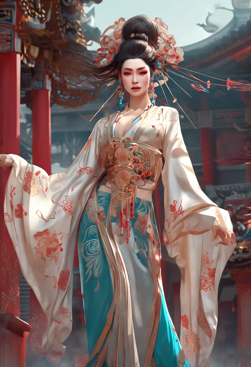 ((full body)), samdoesarts style award winning full body portrait of a beautiful woman, ((perfect feminine face)),((Ancient Chinese Clothes)), ((Peking Opera costumes)), (Long sleeves) Gazebo, Complex, (Beautiful Detail Eyes),((Hairpins, twisted hair)), (Sunlight), shaded flat illustration, digital art, trending on artstation, highly detailed, fine detail, intricate, art by artgerm and rutkowski and alphonse mucha,