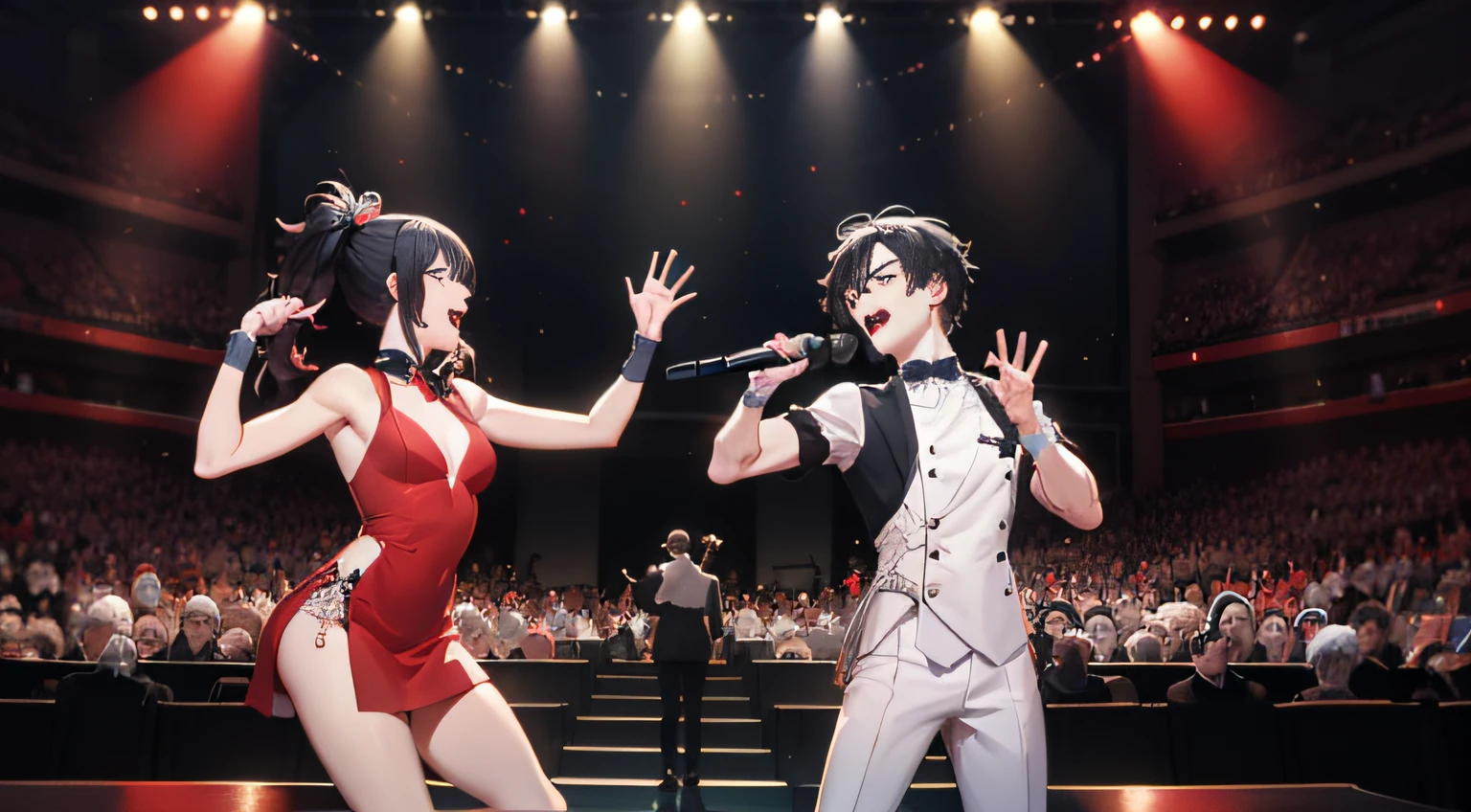(4K, Best picture quality, A high resolution:1.1), (Masterpiece:1.1)，Concert scene，The lighting is perfect，two guys，a young man and a woman，one-girl（Black color hair，Ponytail hairstyle，Red dress），A middle-aged uncle（Gray hair，eye glass，little beard，White dress），chorus，Clear facial expression details