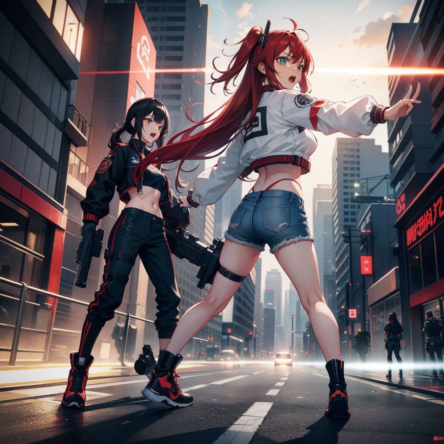 Full body shot, female asian Irina Shidou red hair twintails green eyes, in a cyberpunk city, wearing a bomber jacket and crop top and denim shorts, standing next to a Nissan GT-R, holding a big machine gun, holding a long laser rifle, shooting laser rifle, shooting lasers up at the sky, missile strike, rocket launch, rapid fire, explosions, running and jumping, open mouth, screaming, frontal shot, side shot, rear shot, back shot, behind shot, masterpiece, highly detailed
