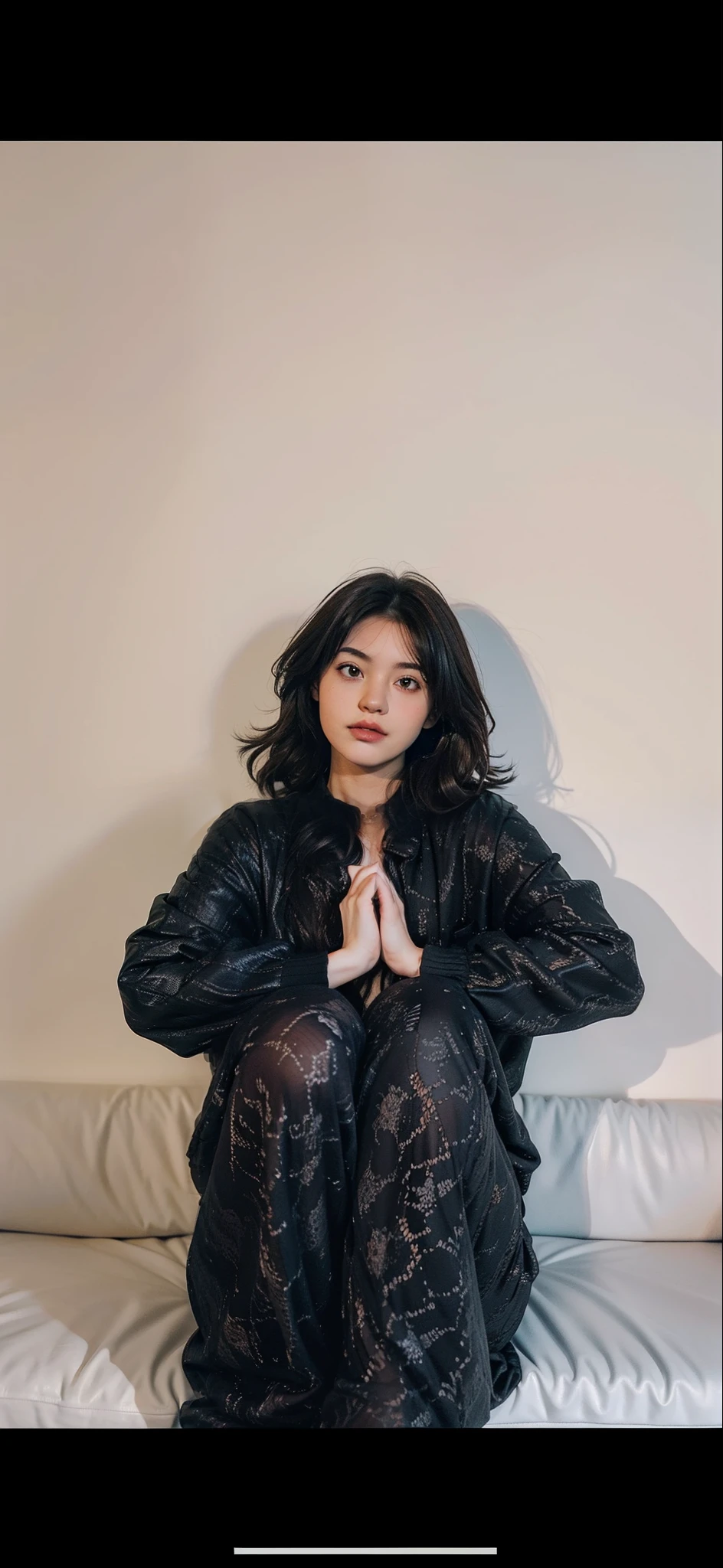 1girl,sitting on a cozy couch,crossing legs,soft light