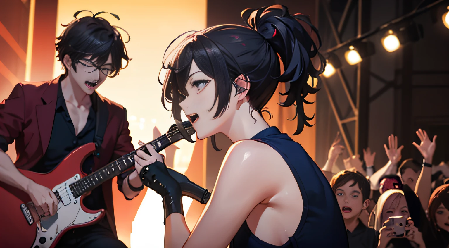 (4K, Best picture quality, A high resolution:1.1), (Masterpiece:1.1),Concert scene,The lighting is perfect,two guys,a young man and a woman,one-girl(Black color hair,Ponytail hairstyle,Red dress),A middle-aged uncle(Gray hair,eye glass,little beard,White dress),Sing along,