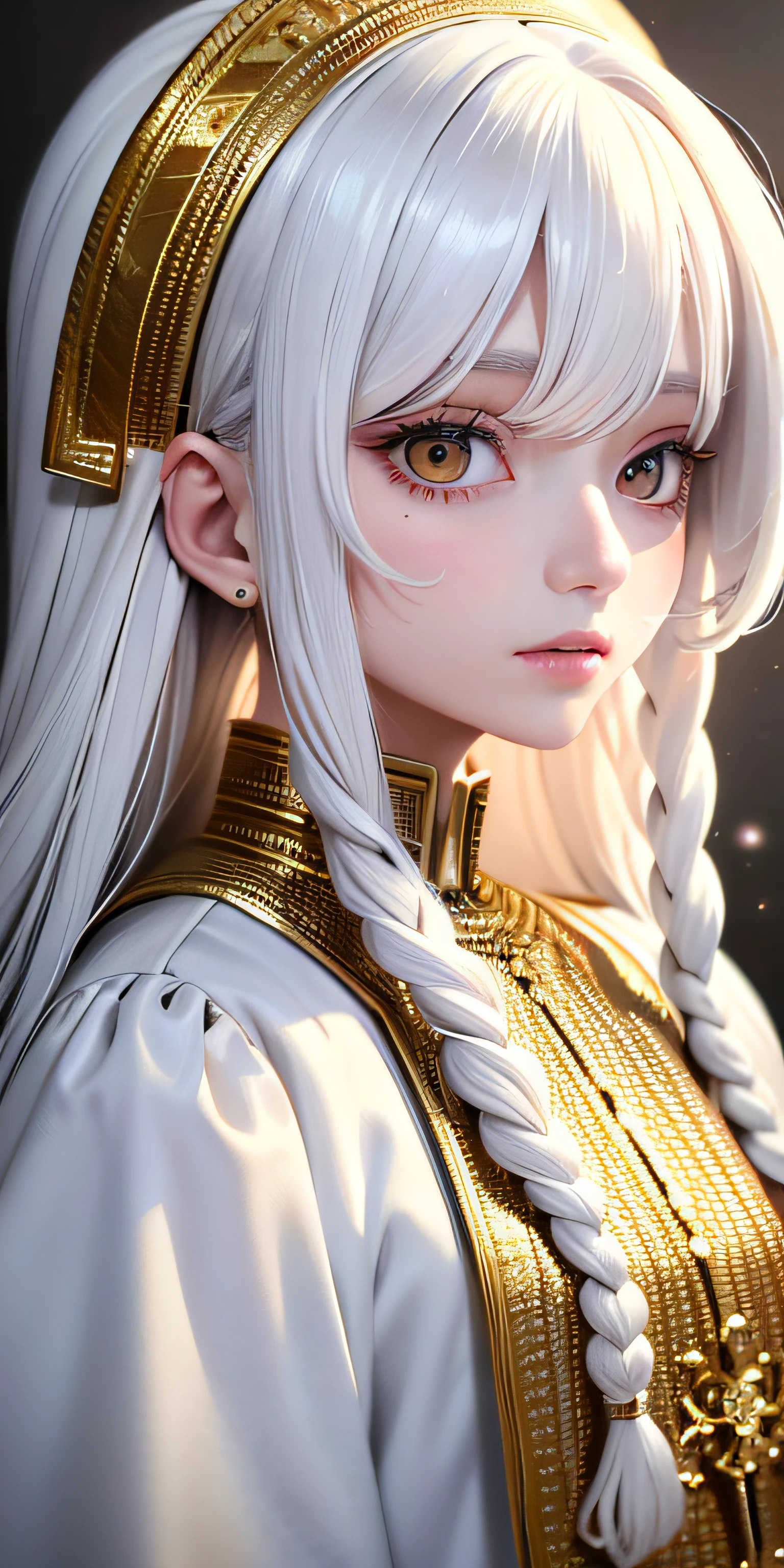 best quality, masterpiece,white hair, gold eyes,white clothes, looking up, upper body,hair strand,Fair skin,side braids