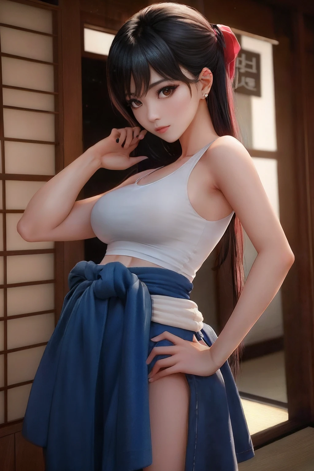 Real Images、rialistic photo、Arab asian woman in white tank top and blue skirt, Tifa Lockhart, Tifa, Tifa Lockhart, Japanese Models, seductive tifa lockhart portrait, Korean Girl, trending at cgstation, beautiful Korean women, waist - shot, showing her shoulder from back, sakimichan, skinny waist and thick hips, Back Pose